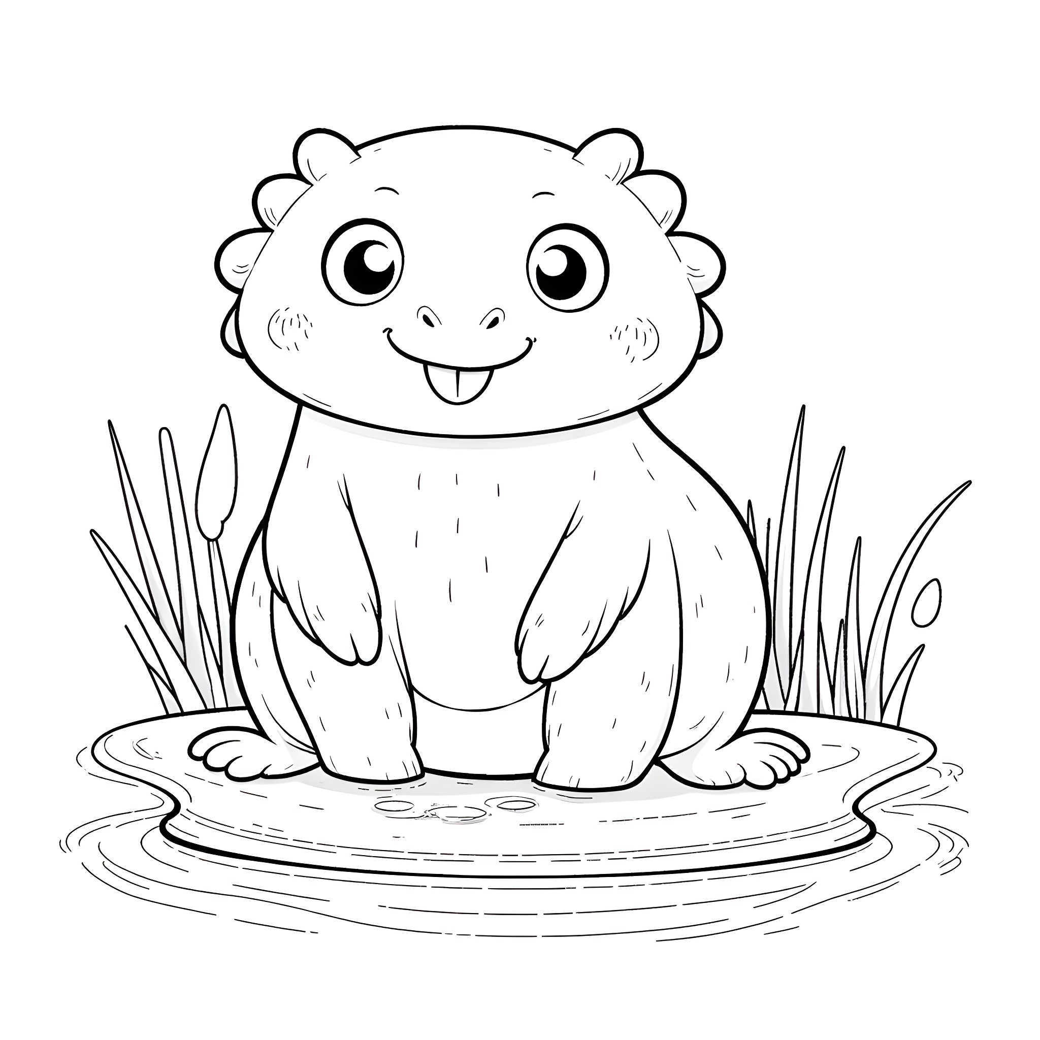 Oxolotl sitting happily in the water Coloring Page (free black-and-white line drawing printable PDF for all, from beginners to advanced learners, including children, teens, adults, and seniors)