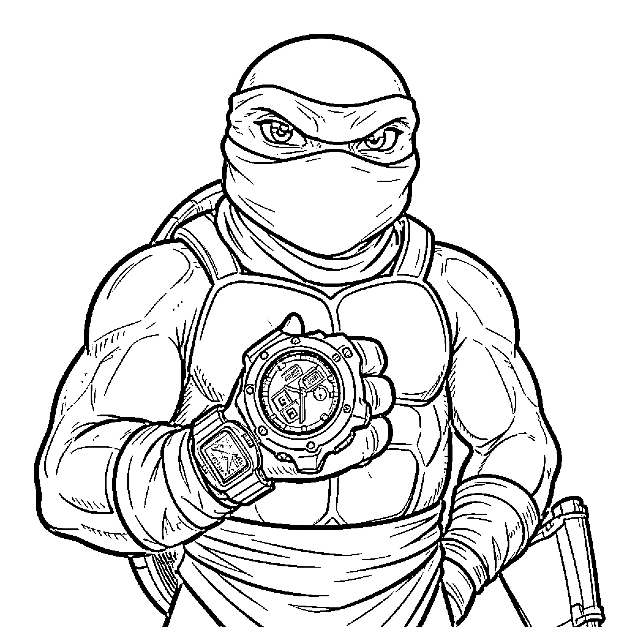Turtle Ninja with Futuristic Equipment Coloring Page (free black-and-white line drawing printable PDF for all, from beginners to advanced learners, including children, teens, adults, and seniors)