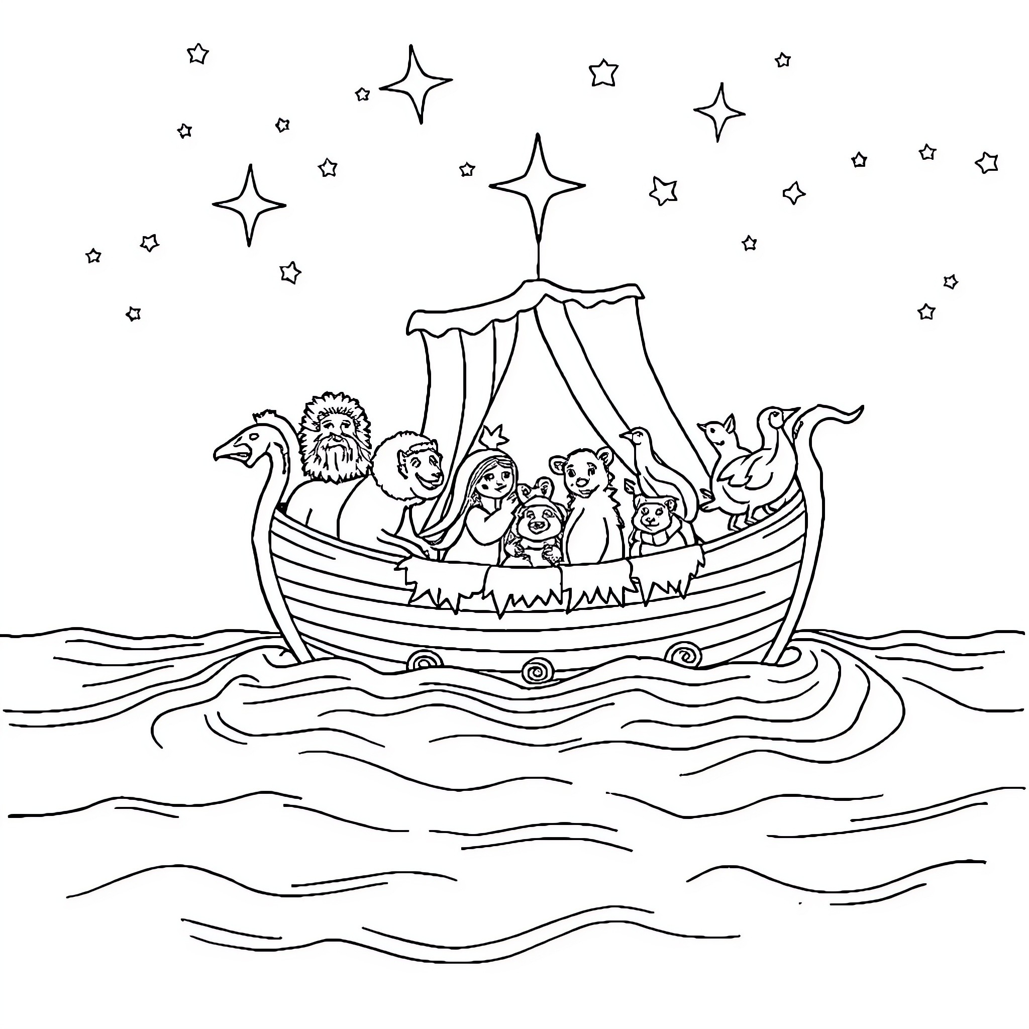 Noah's Ark filled with animals and people sailing on the sea Coloring Page (free black-and-white line drawing printable PDF for all, from beginners to advanced learners, including children, teens, adults, and seniors)