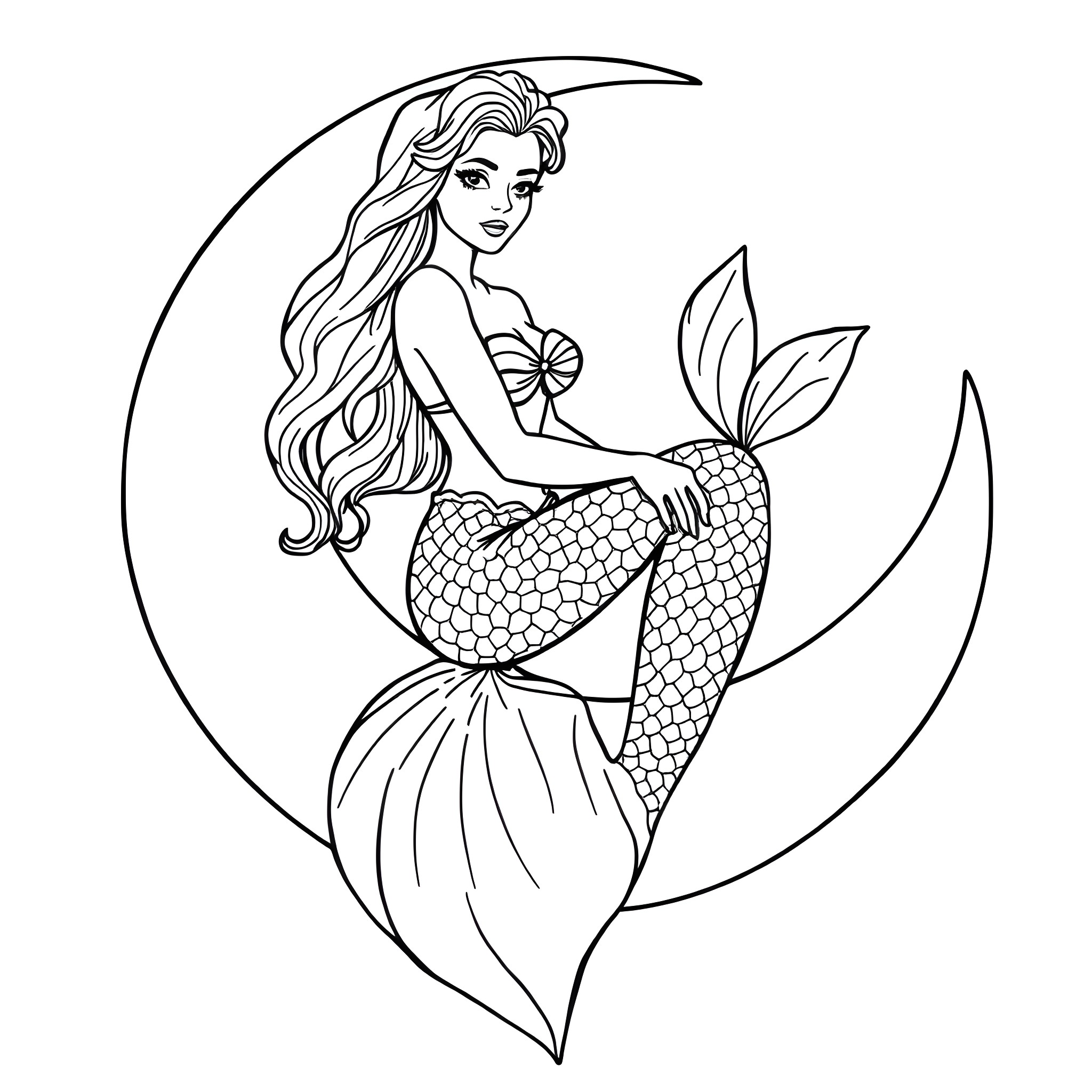 Mermaid in a moonlit ocean Coloring Page (free black-and-white line drawing printable PDF for all, from beginners to advanced learners, including children, teens, adults, and seniors)