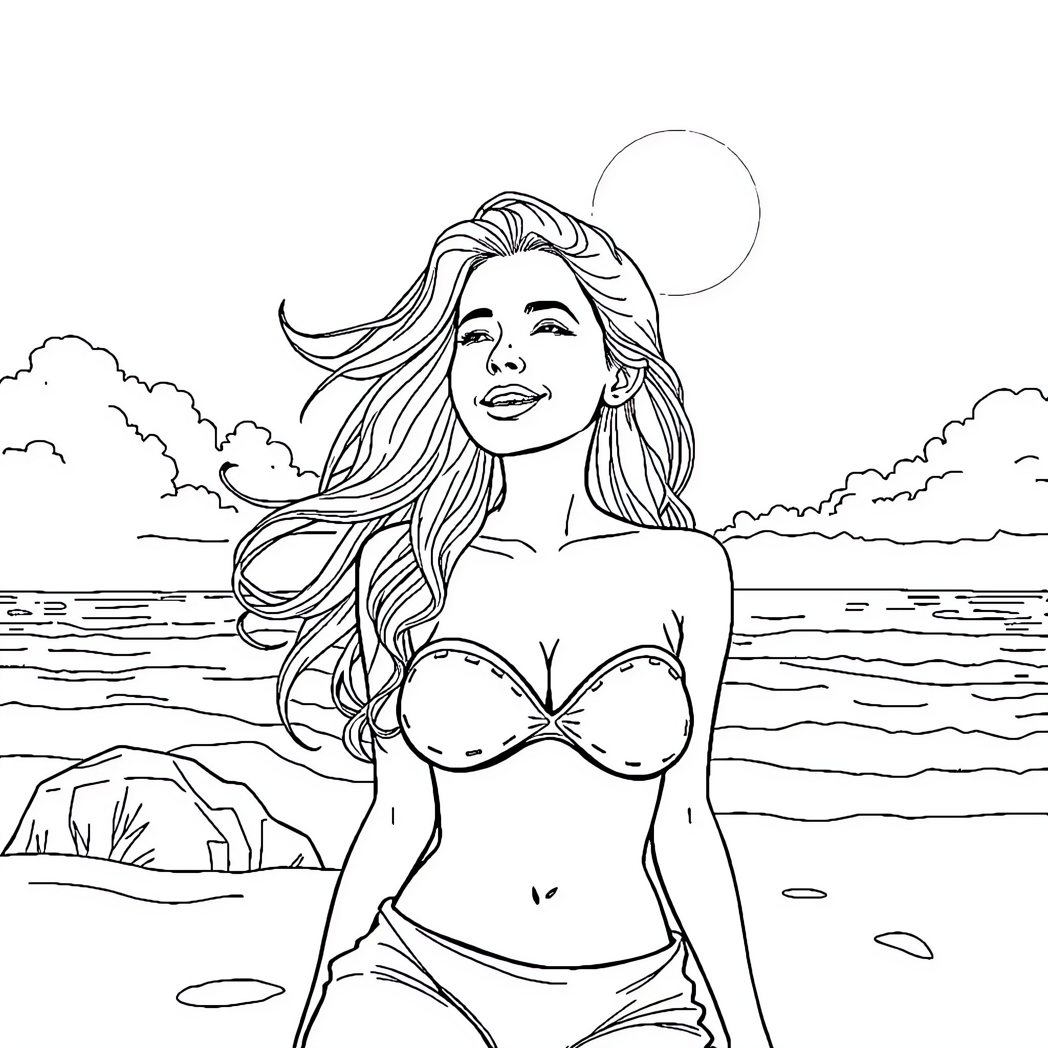 Rapunzel enjoying the beach under the sun Coloring Page (free black-and-white line drawing printable PDF for all, from beginners to advanced learners, including children, teens, adults, and seniors)