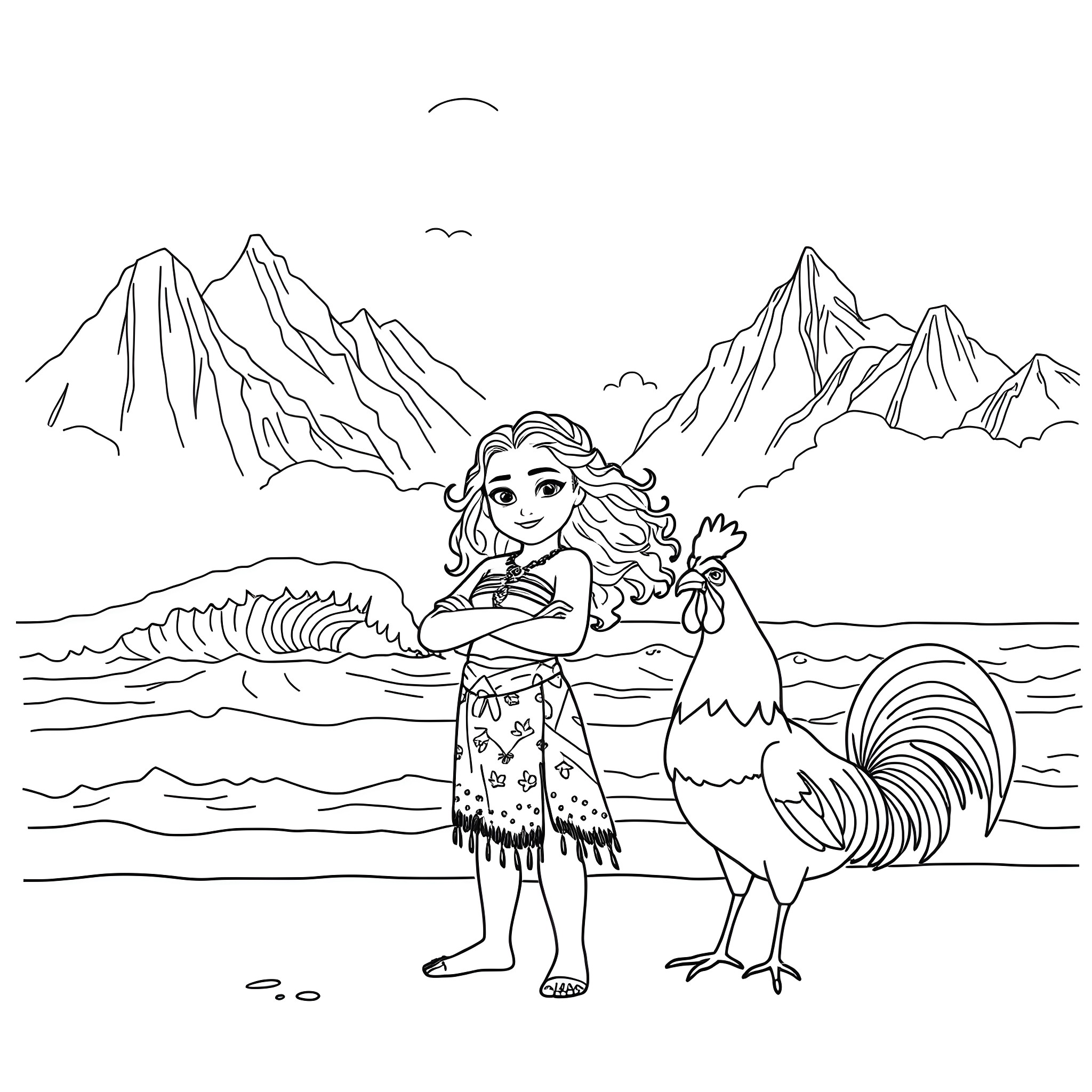Moana stands with a rooster in a scenic island setting Coloring Page (free black-and-white line drawing printable PDF for all, from beginners to advanced learners, including children, teens, adults, and seniors)