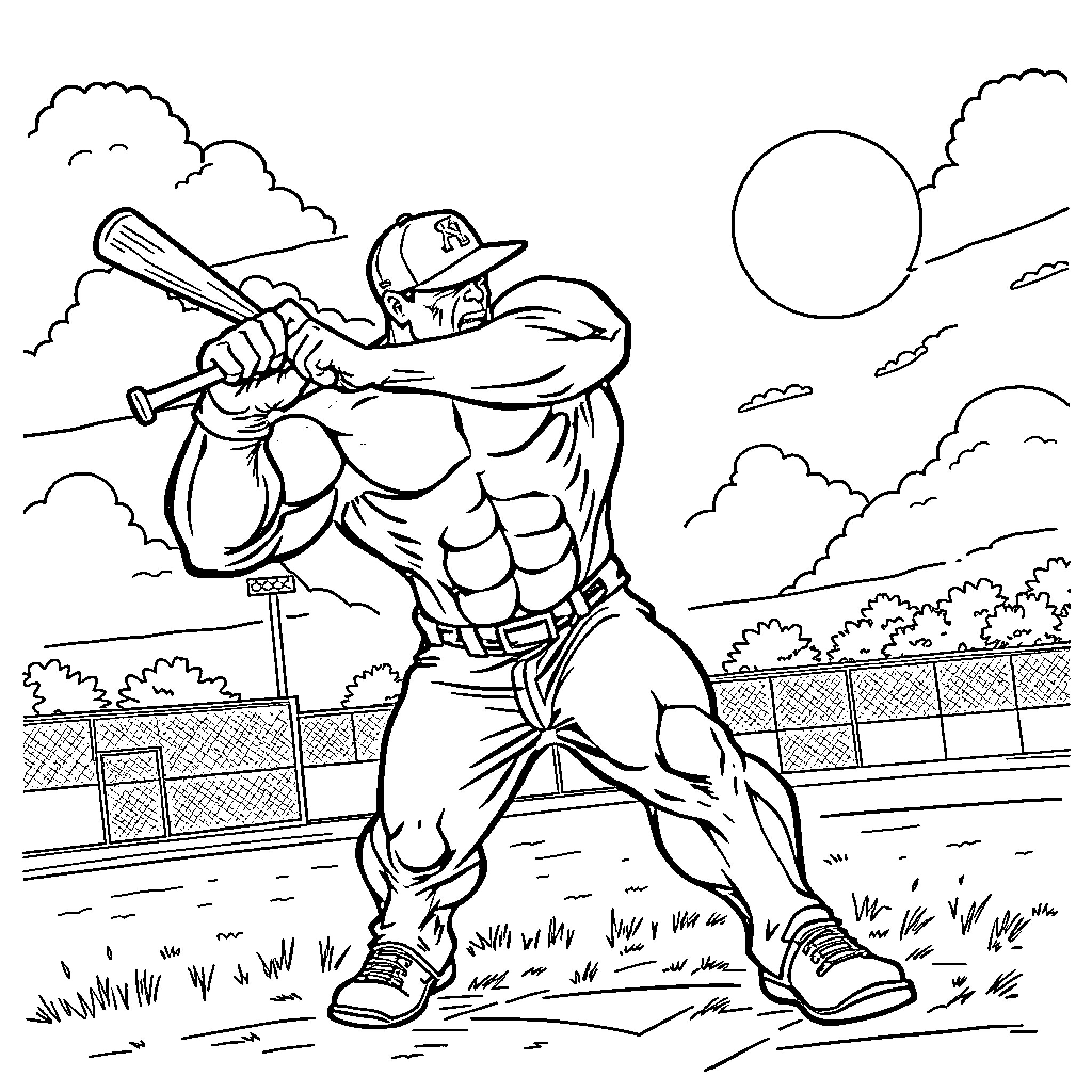 Hulk Baseball Player Batting at the Field Coloring Page (free black-and-white line drawing printable PDF for all, from beginners to advanced learners, including children, teens, adults, and seniors)