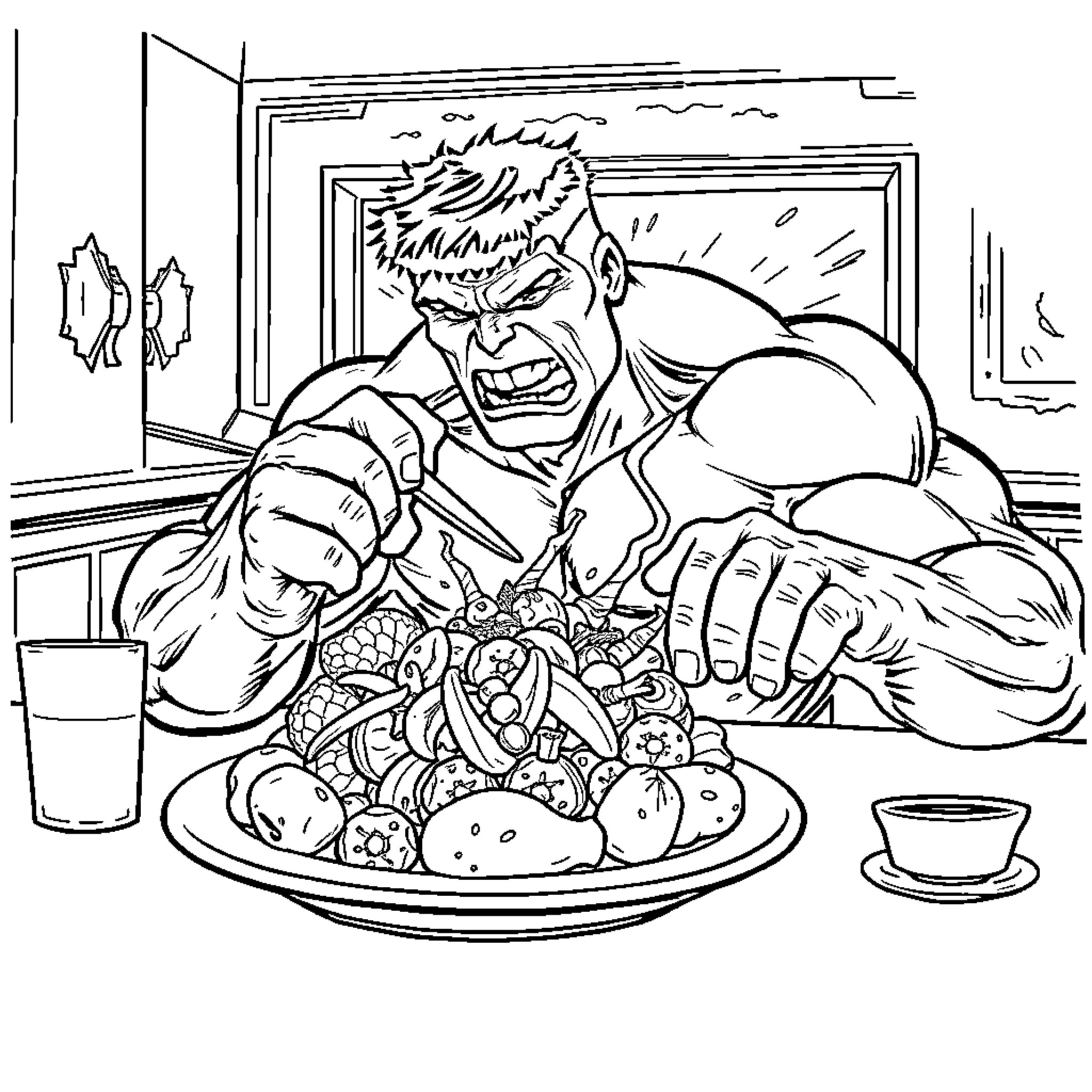 Hulk Devouring a Hearty Meal Coloring Page (free black-and-white line drawing printable PDF for all, from beginners to advanced learners, including children, teens, adults, and seniors)