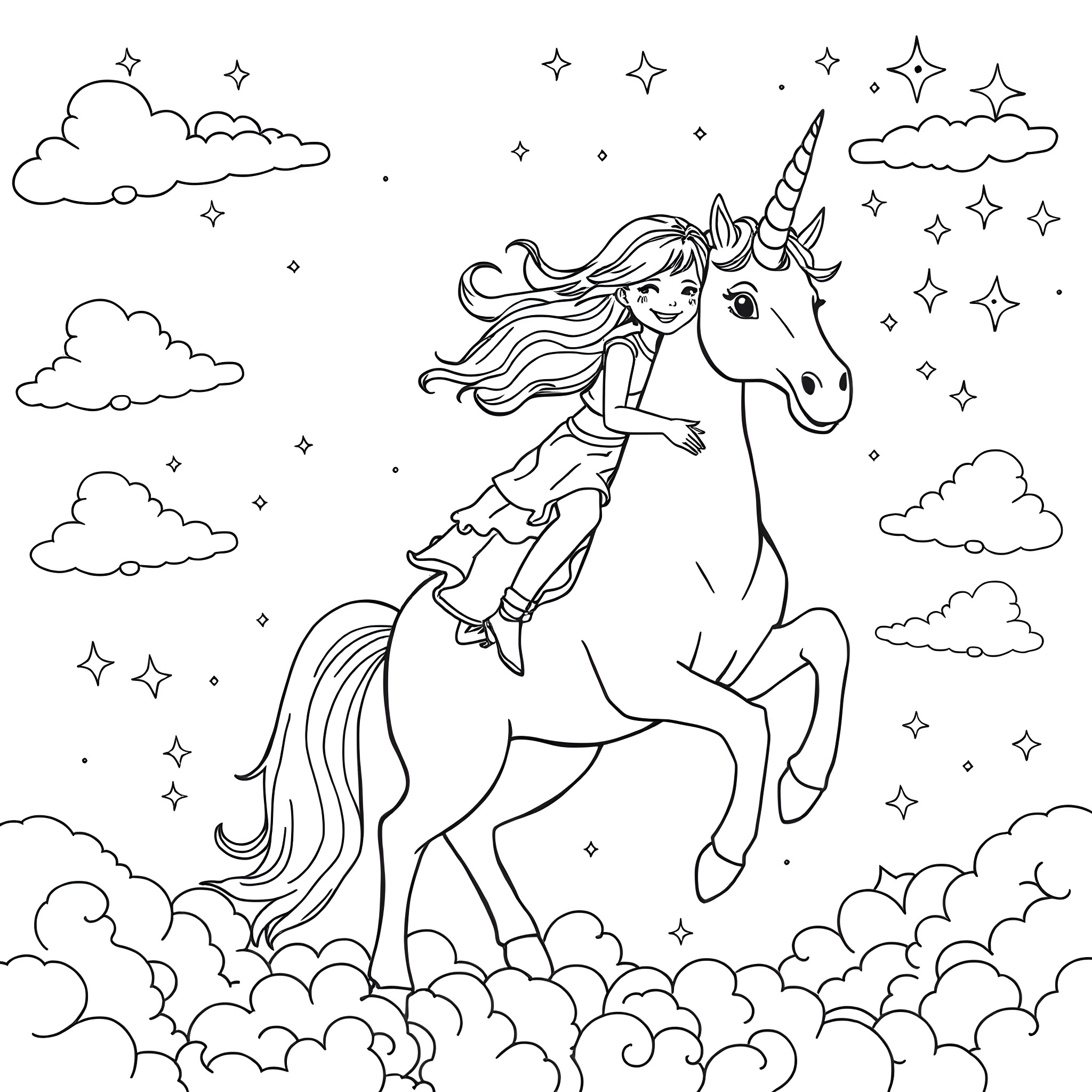 Girl riding a magical unicorn through the clouds Coloring Page (free black-and-white line drawing printable PDF for all, from beginners to advanced learners, including children, teens, adults, and seniors)