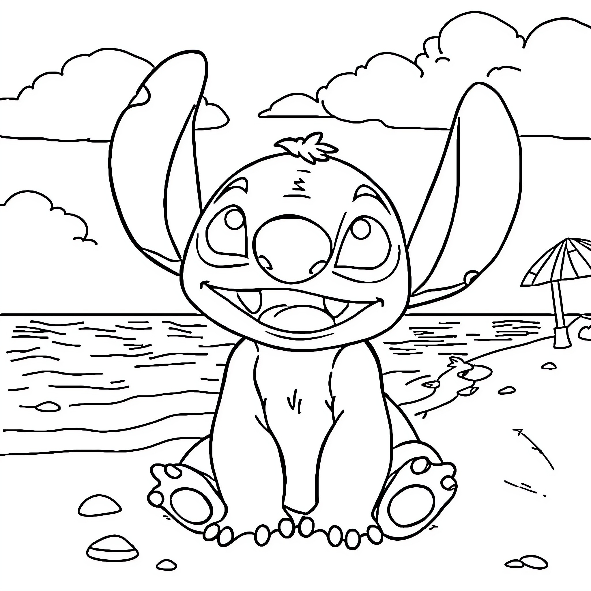 Stitch enjoying a day at the beach Coloring Page (free black-and-white line drawing printable PDF for all, from beginners to advanced learners, including children, teens, adults, and seniors)