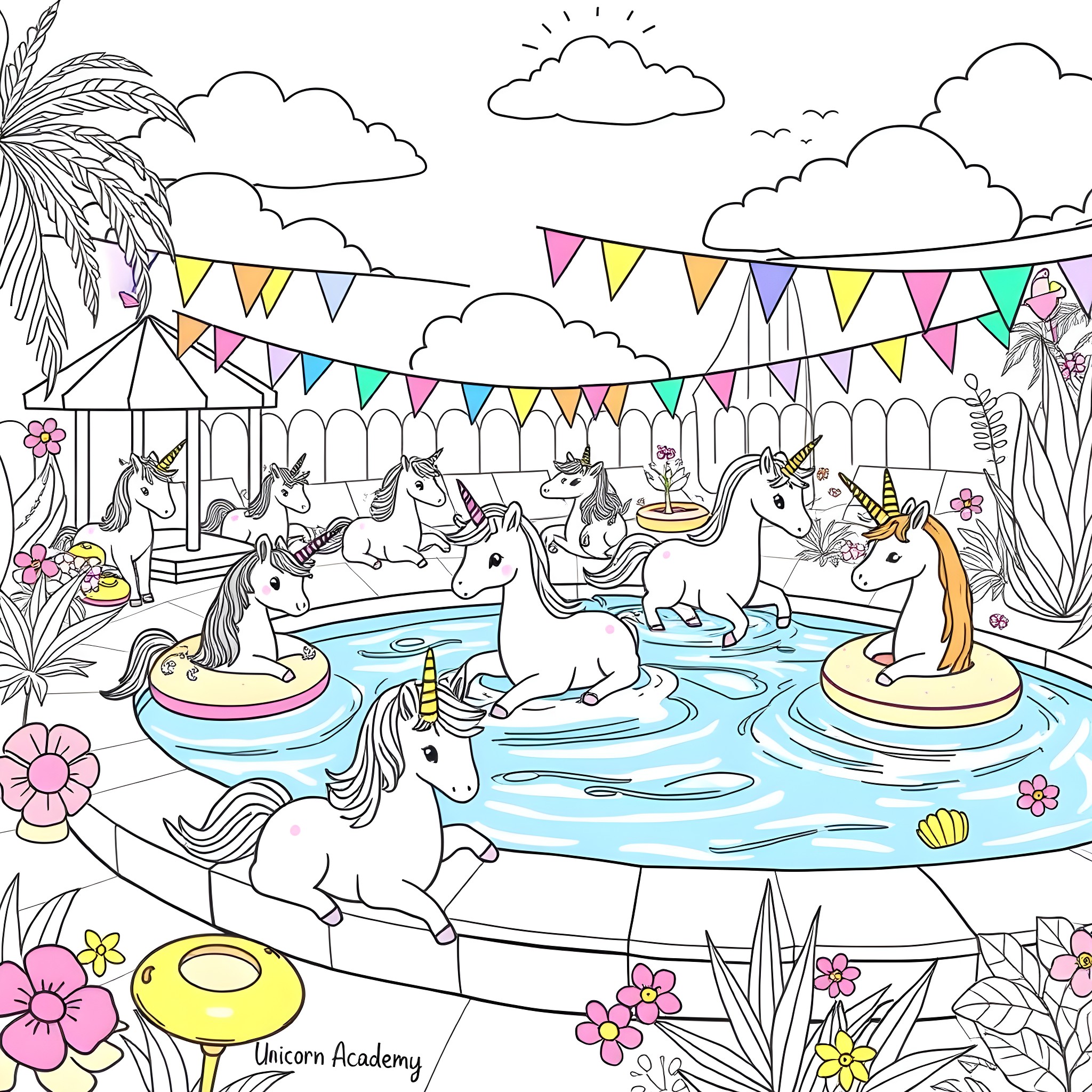 Unicorn Academy: Unicorns Frolicking in a Festive Pool Party Coloring Page (free black-and-white line drawing printable PDF for all, from beginners to advanced learners, including children, teens, adults, and seniors)