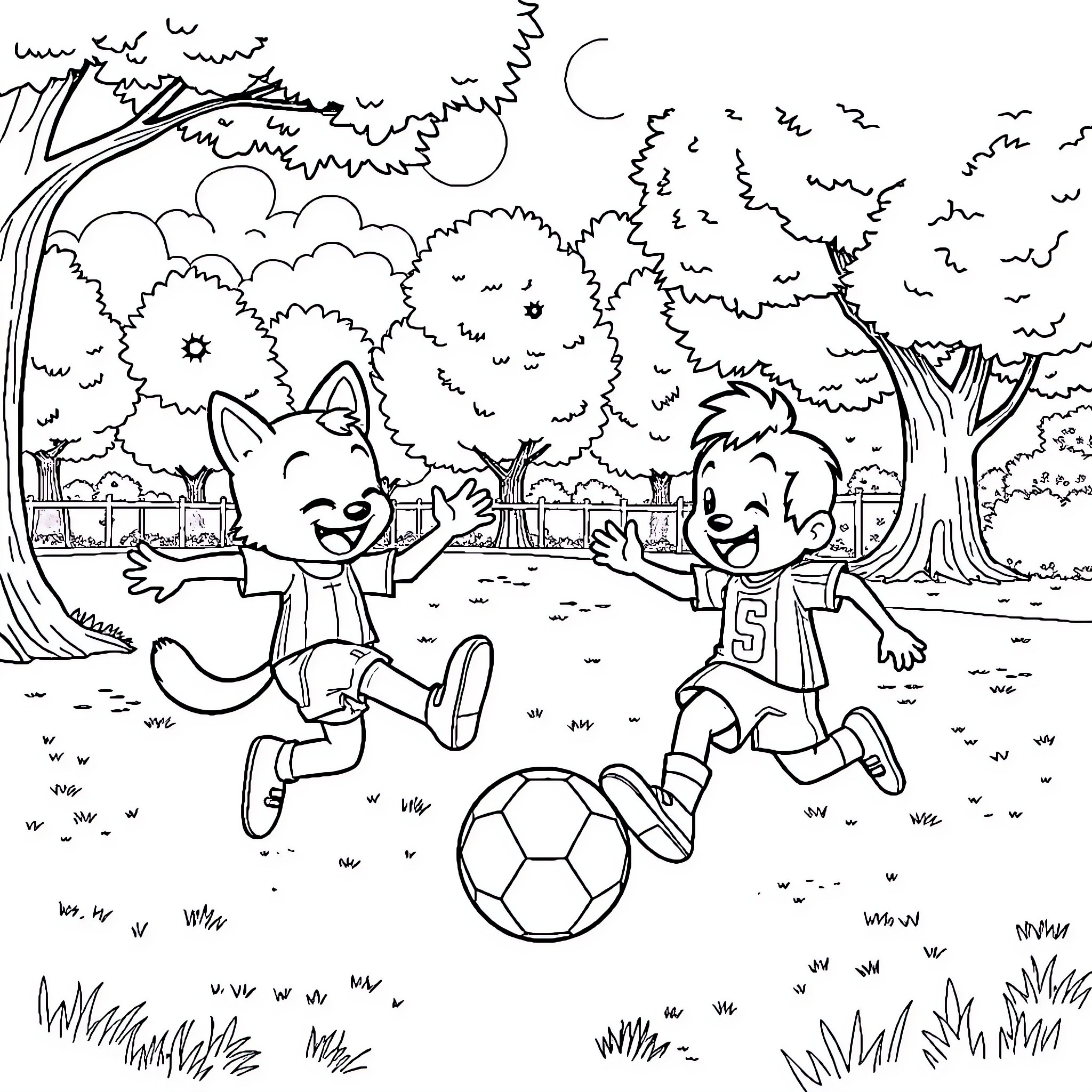 Bluey and friend playing soccer in the park Coloring Page (free black-and-white line drawing printable PDF for all, from beginners to advanced learners, including children, teens, adults, and seniors)