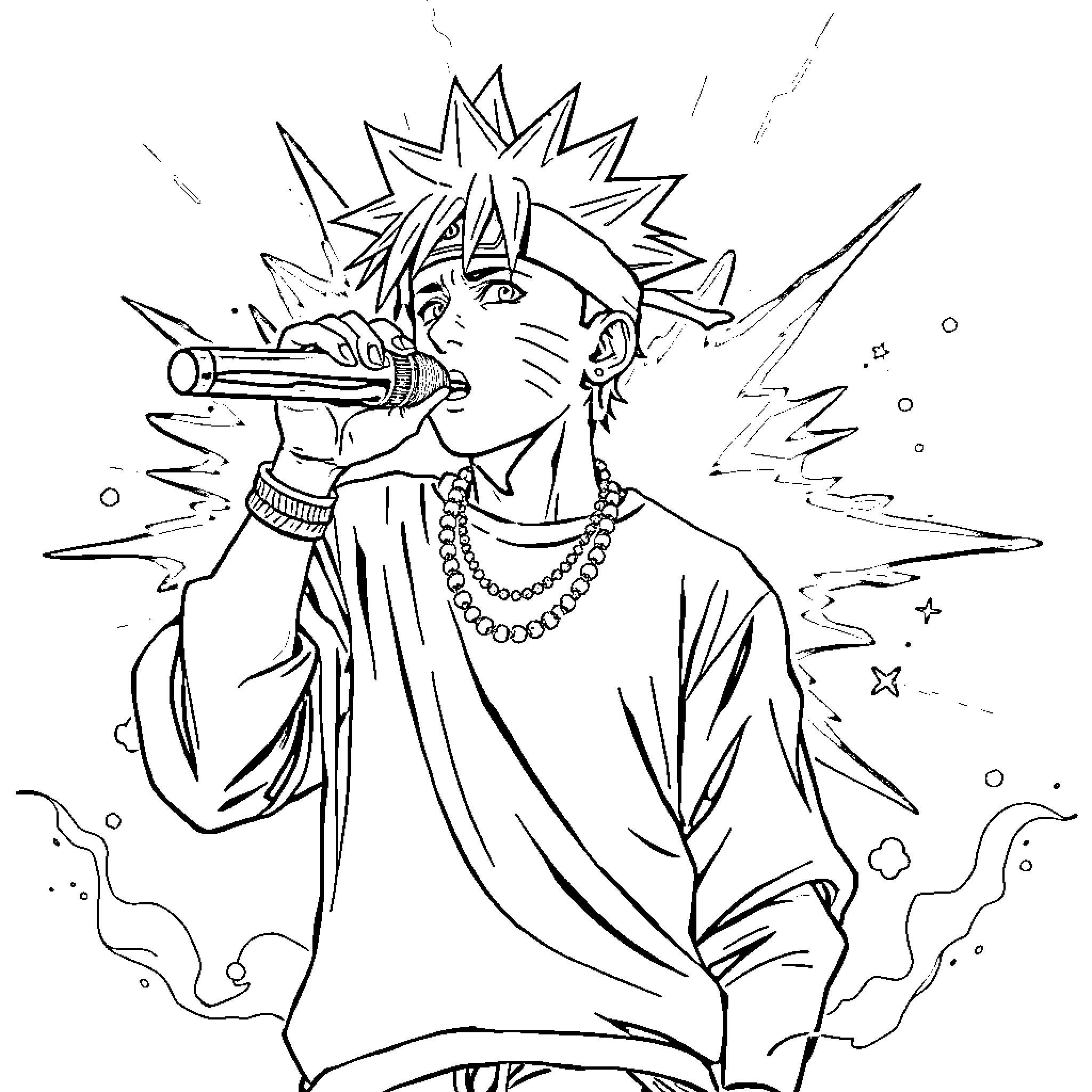 Xxxtentacion performing passionately on stage Coloring Page (free black-and-white line drawing printable PDF for all, from beginners to advanced learners, including children, teens, adults, and seniors)