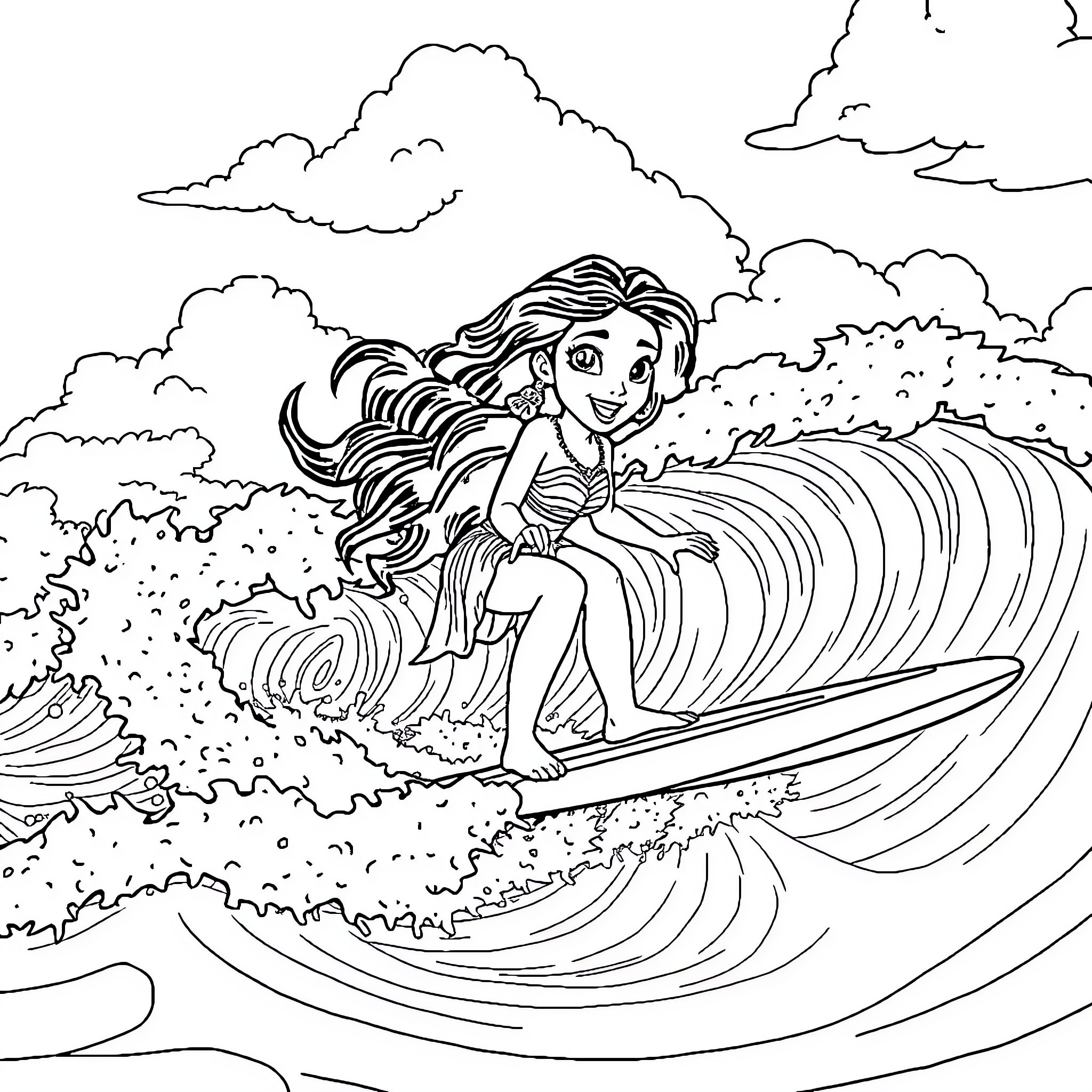 Vaiana surfing through the waves Coloring Page (free black-and-white line drawing printable PDF for all, from beginners to advanced learners, including children, teens, adults, and seniors)