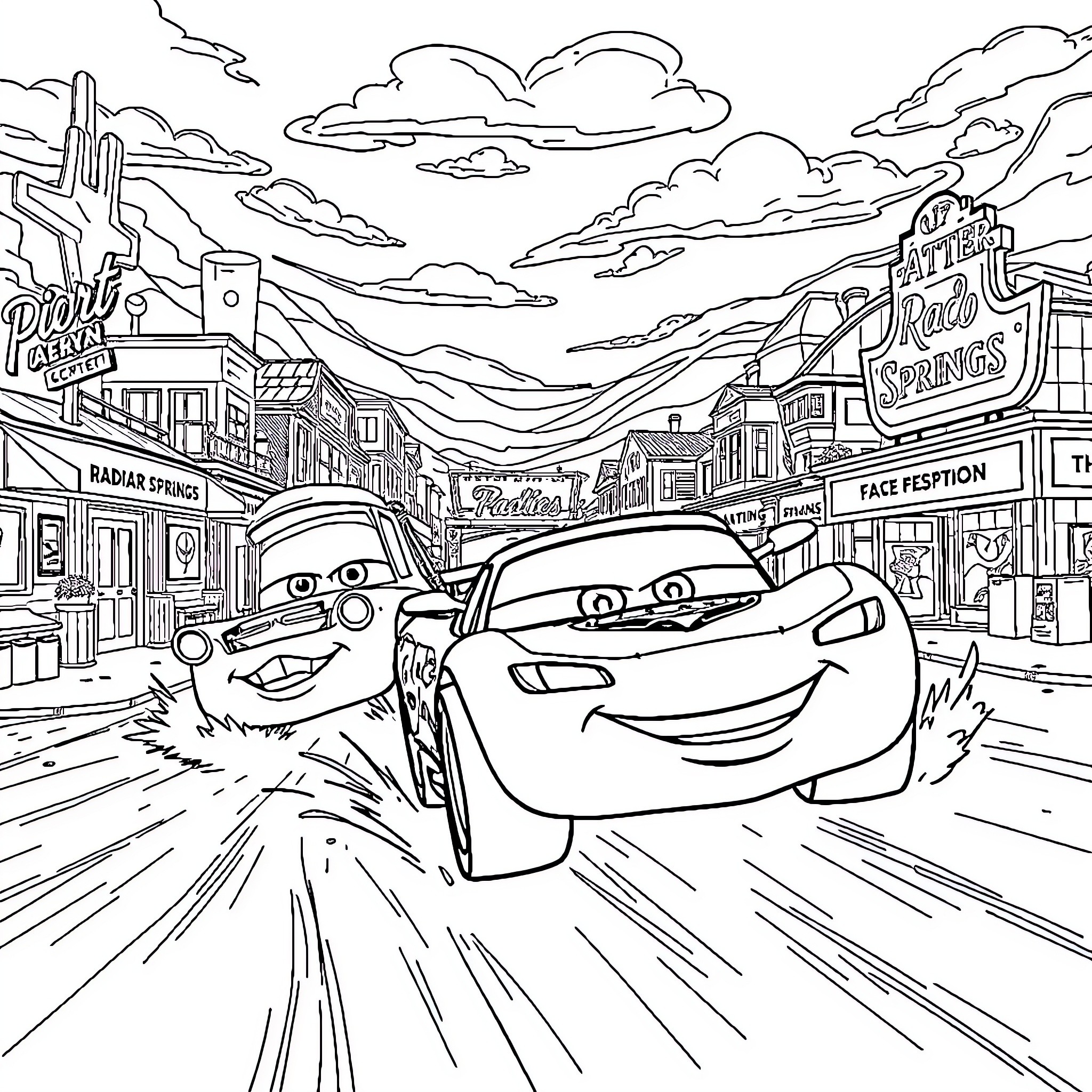 Lightning McQueen races through an animated town Coloring Page (free black-and-white line drawing printable PDF for all, from beginners to advanced learners, including children, teens, adults, and seniors)