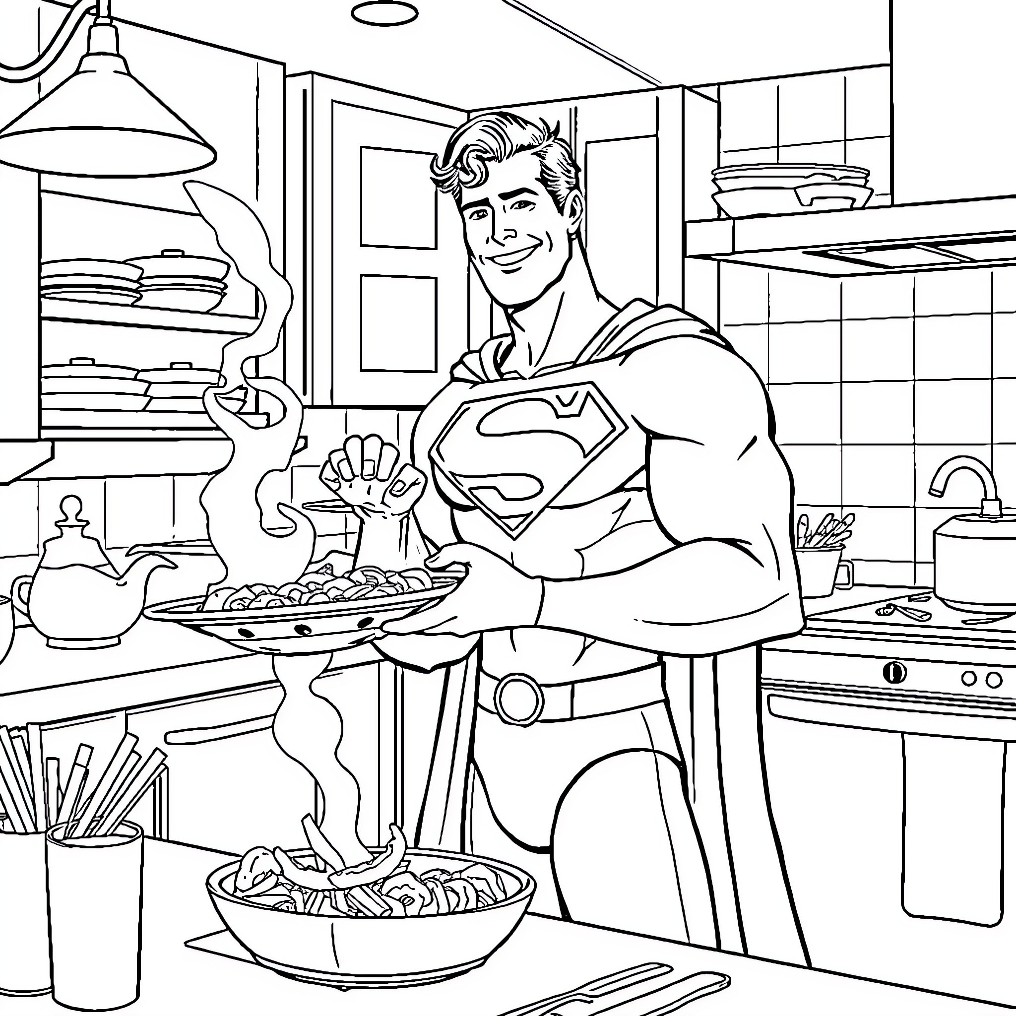 Superman Cooking Delicious Meal in Kitchen Coloring Page (free black-and-white line drawing printable PDF for all, from beginners to advanced learners, including children, teens, adults, and seniors)