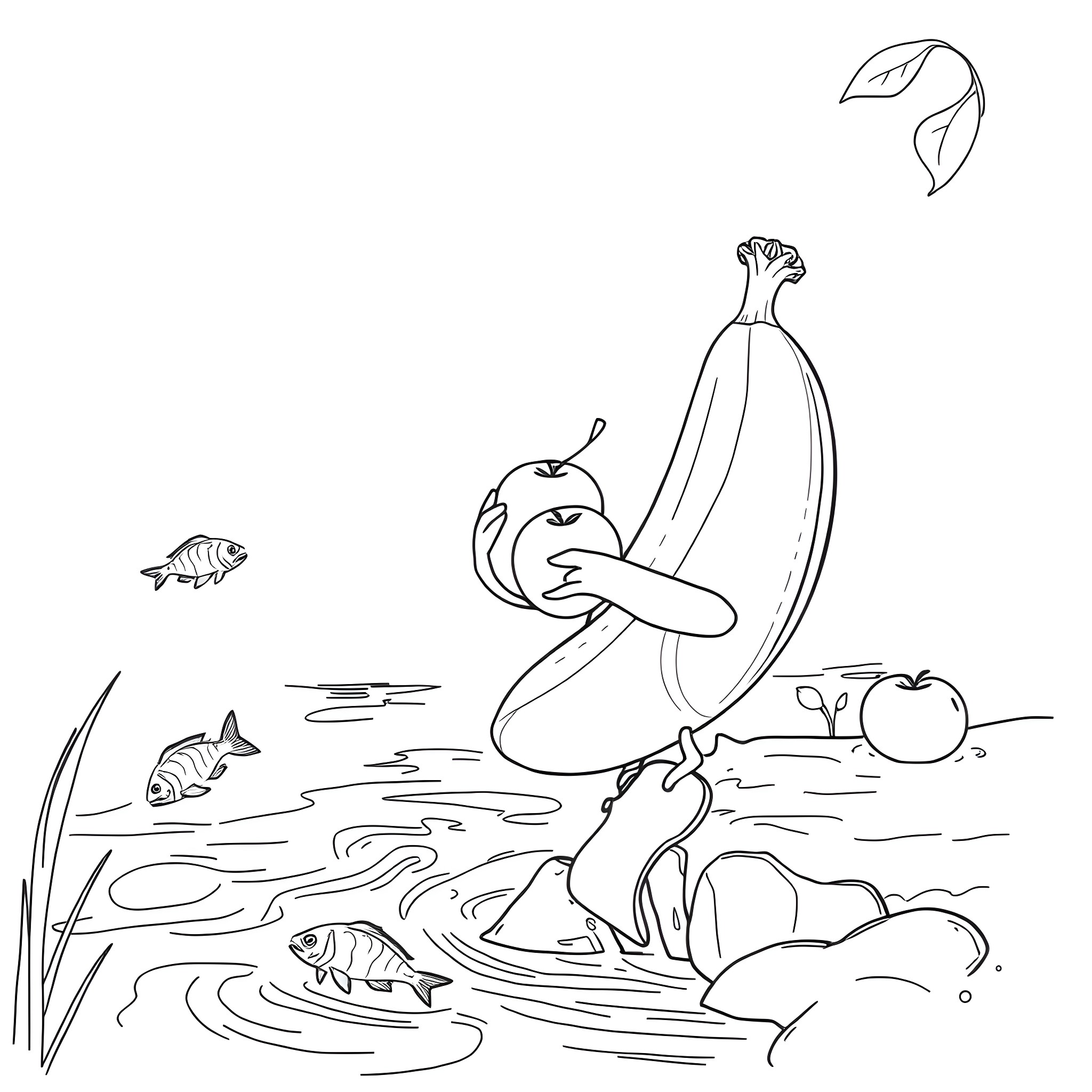 Banana fishing with friends in the pond Coloring Page (free black-and-white line drawing printable PDF for all, from beginners to advanced learners, including children, teens, adults, and seniors)