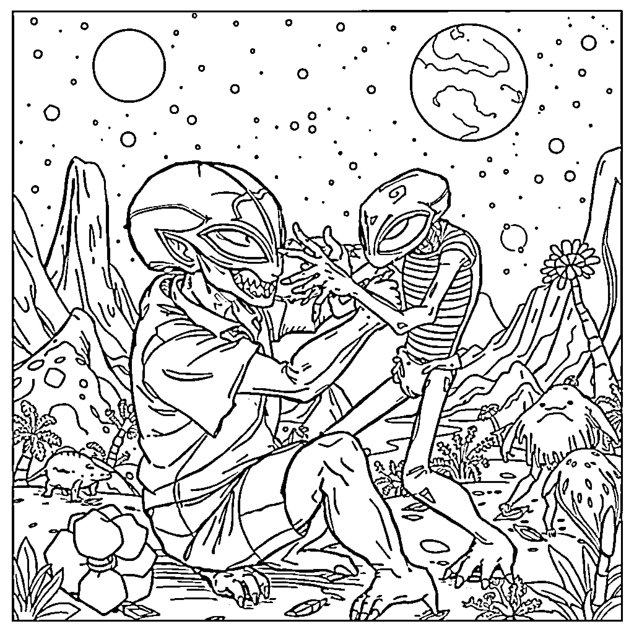 Steve Irwin interacting with alien creatures in a fantastical landscape Coloring Page (free black-and-white line drawing printable PDF for all, from beginners to advanced learners, including children, teens, adults, and seniors)