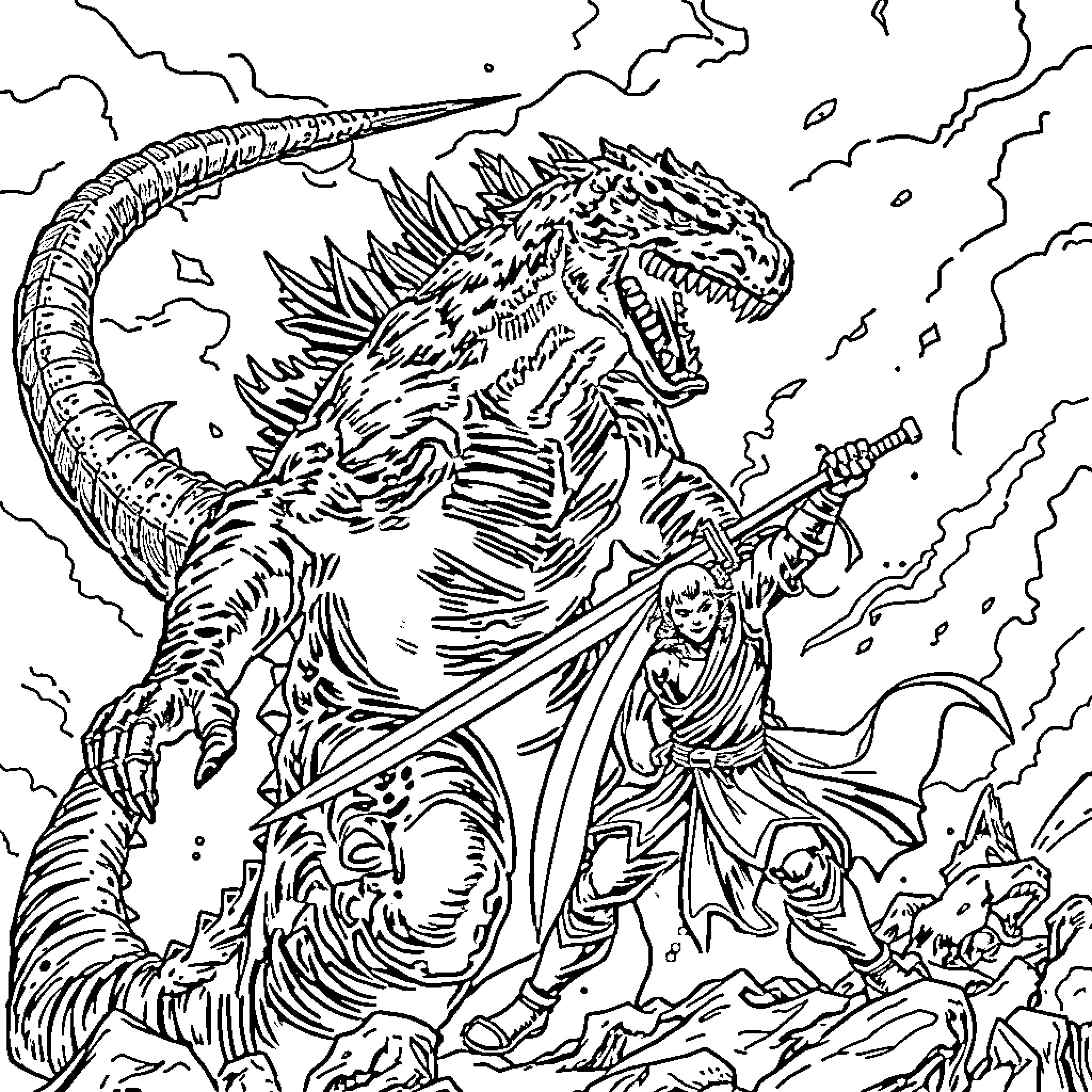 Godzilla unleashes destruction and chaos Coloring Page (free black-and-white line drawing printable PDF for all, from beginners to advanced learners, including children, teens, adults, and seniors)