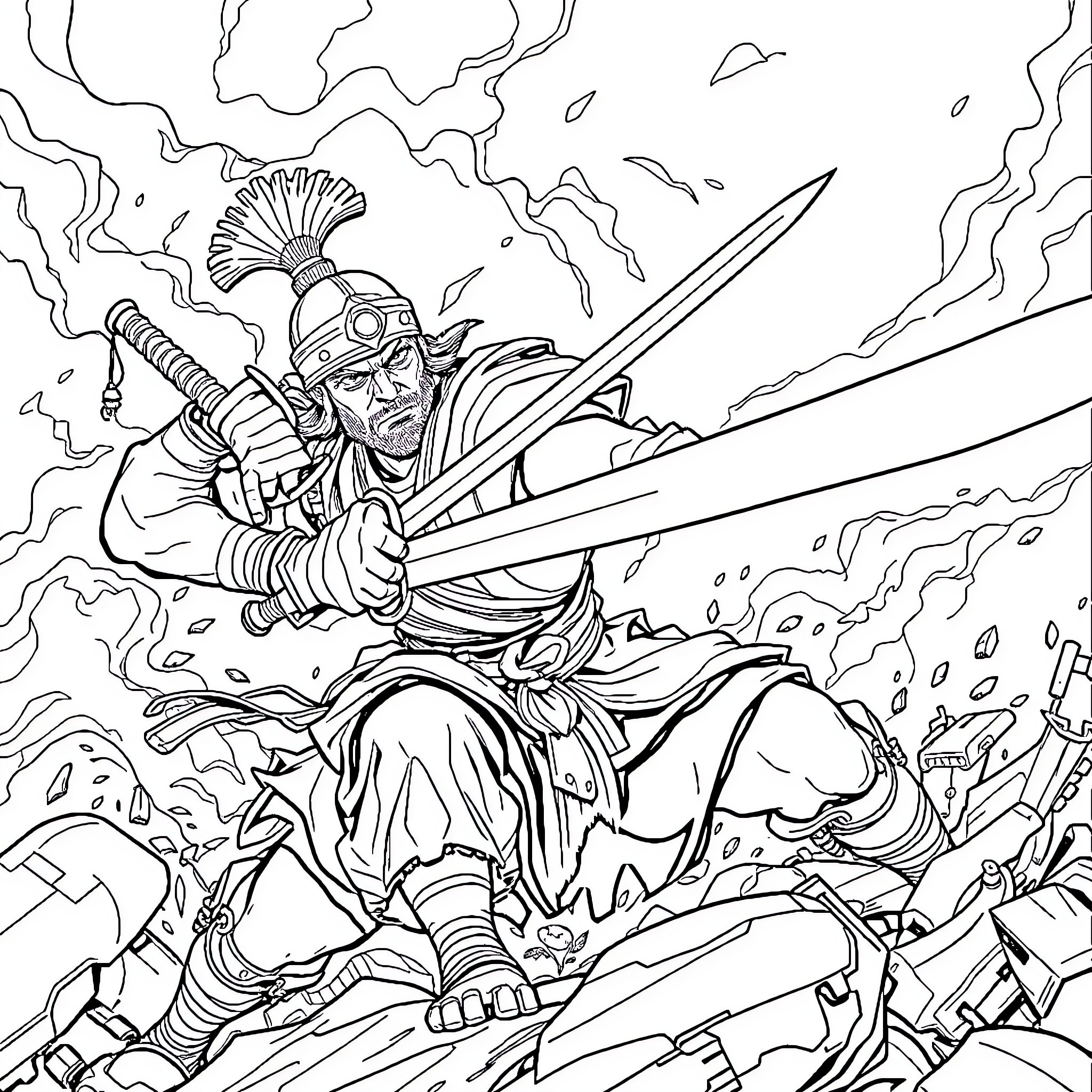 Labubu's epic battle with a mighty warrior Coloring Page (free black-and-white line drawing printable PDF for all, from beginners to advanced learners, including children, teens, adults, and seniors)