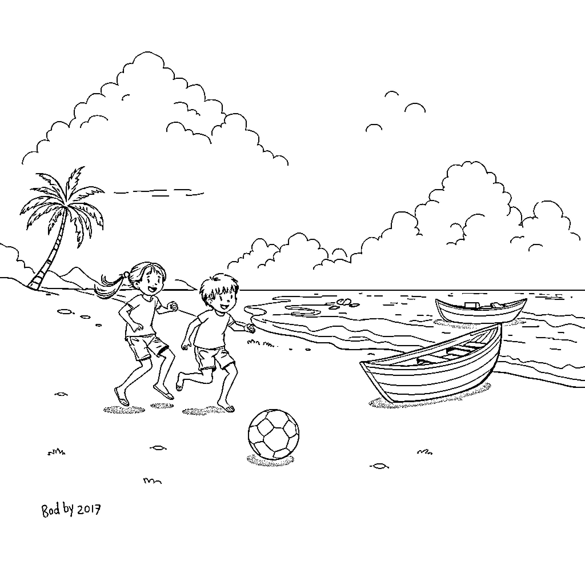 Football players having fun on the beach Coloring Page (free black-and-white line drawing printable PDF for all, from beginners to advanced learners, including children, teens, adults, and seniors)