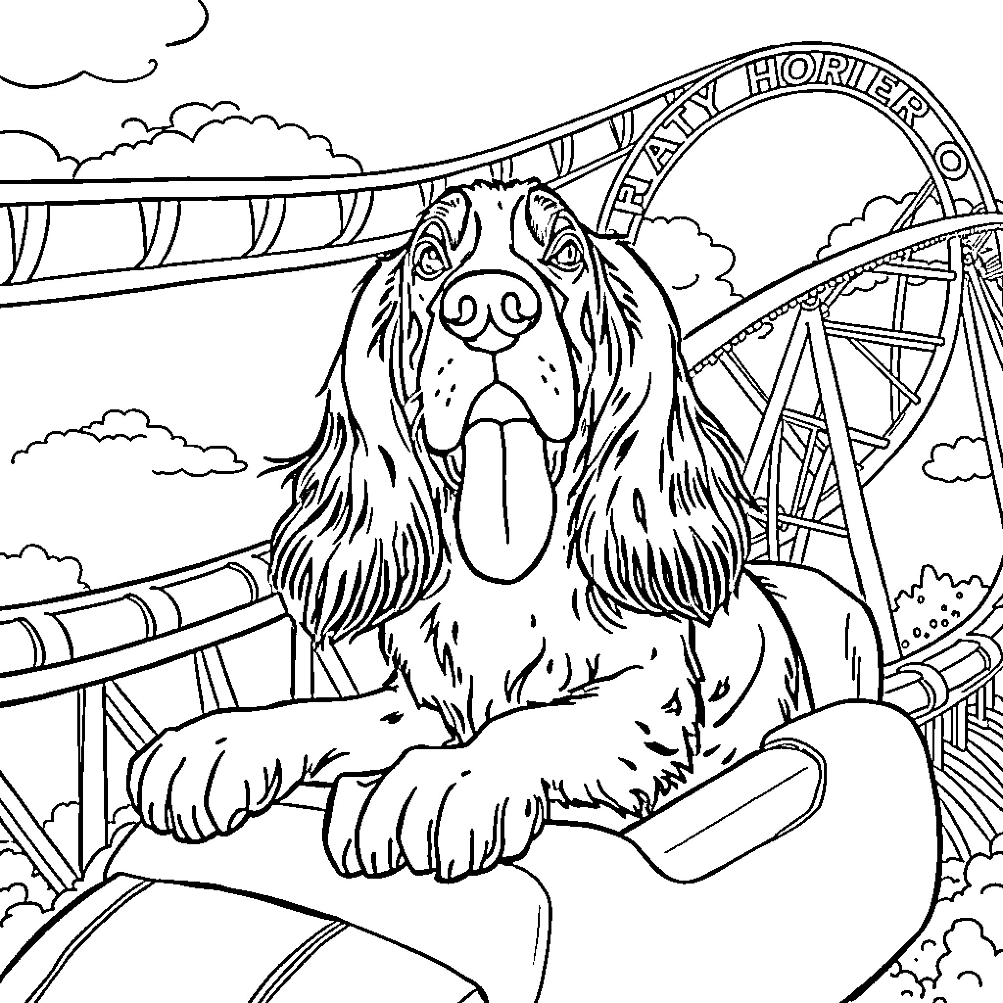 Bassett Hound enjoying the rides at the amusement park Coloring Page (free black-and-white line drawing printable PDF for all, from beginners to advanced learners, including children, teens, adults, and seniors)