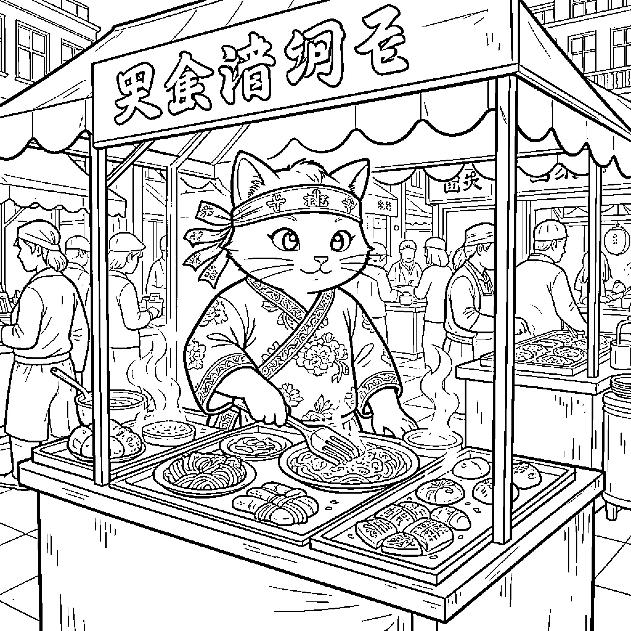 Gato working at the food stall Coloring Page (free black-and-white line drawing printable PDF for all, from beginners to advanced learners, including children, teens, adults, and seniors)