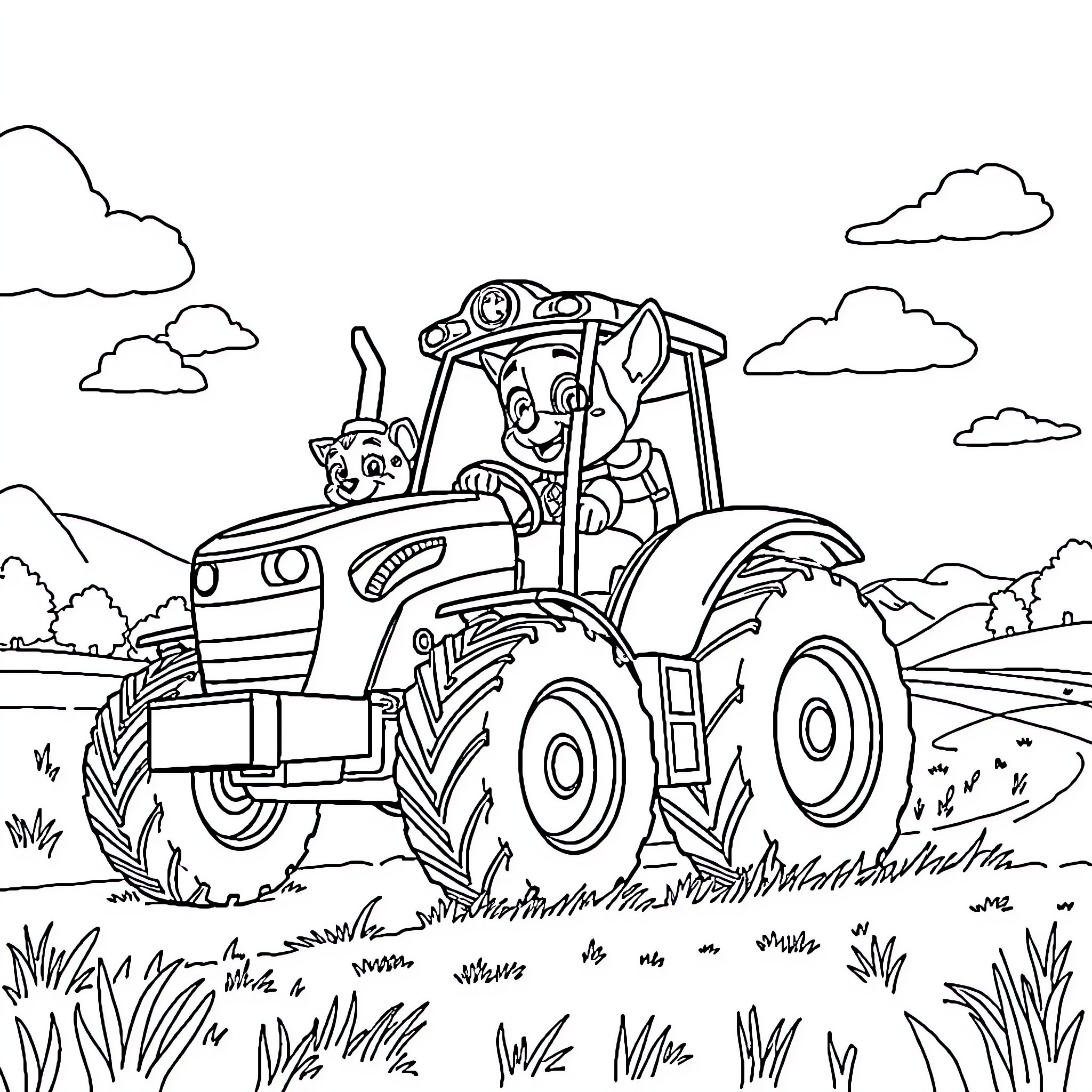 Paw Patrol Pups Driving Tractor on the Farm Coloring Page (free black-and-white line drawing printable PDF for all, from beginners to advanced learners, including children, teens, adults, and seniors)