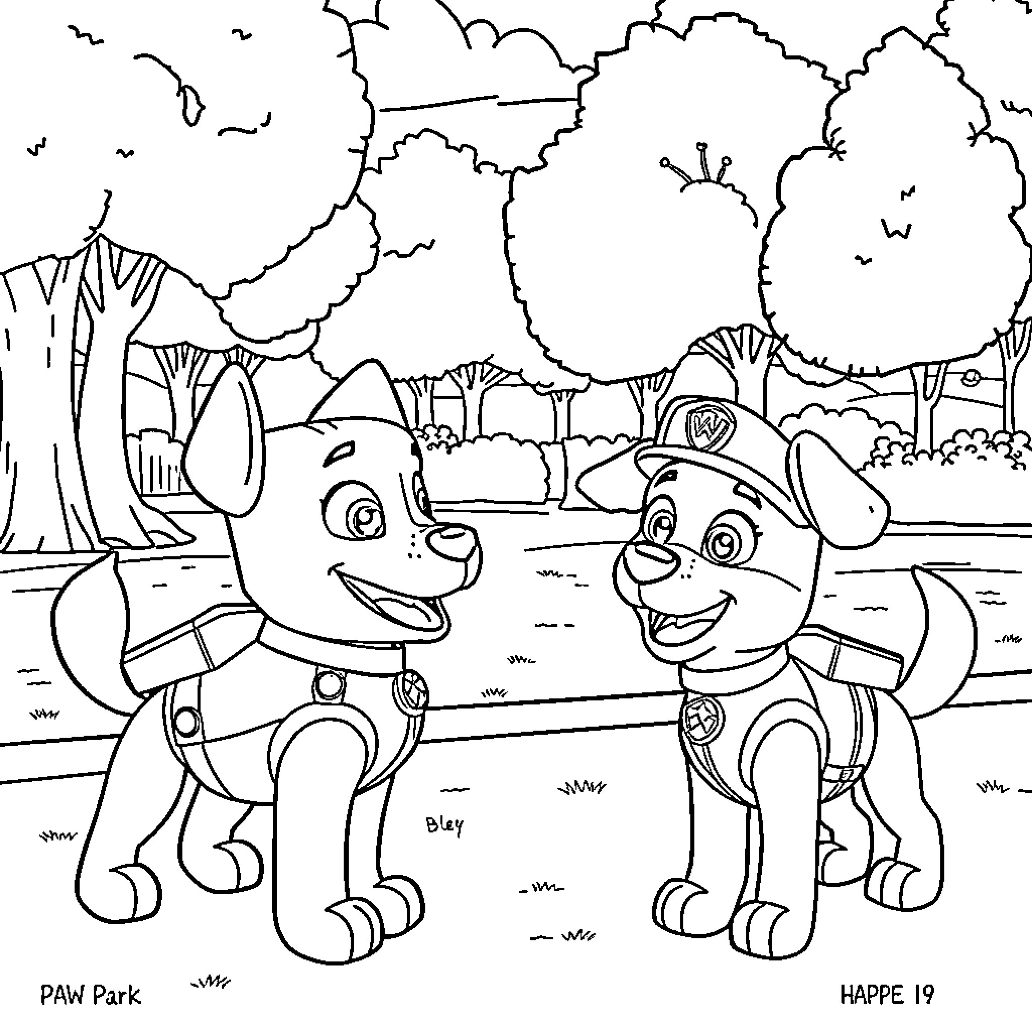 Dogs playing happily in the park Coloring Page (free black-and-white line drawing printable PDF for all, from beginners to advanced learners, including children, teens, adults, and seniors)