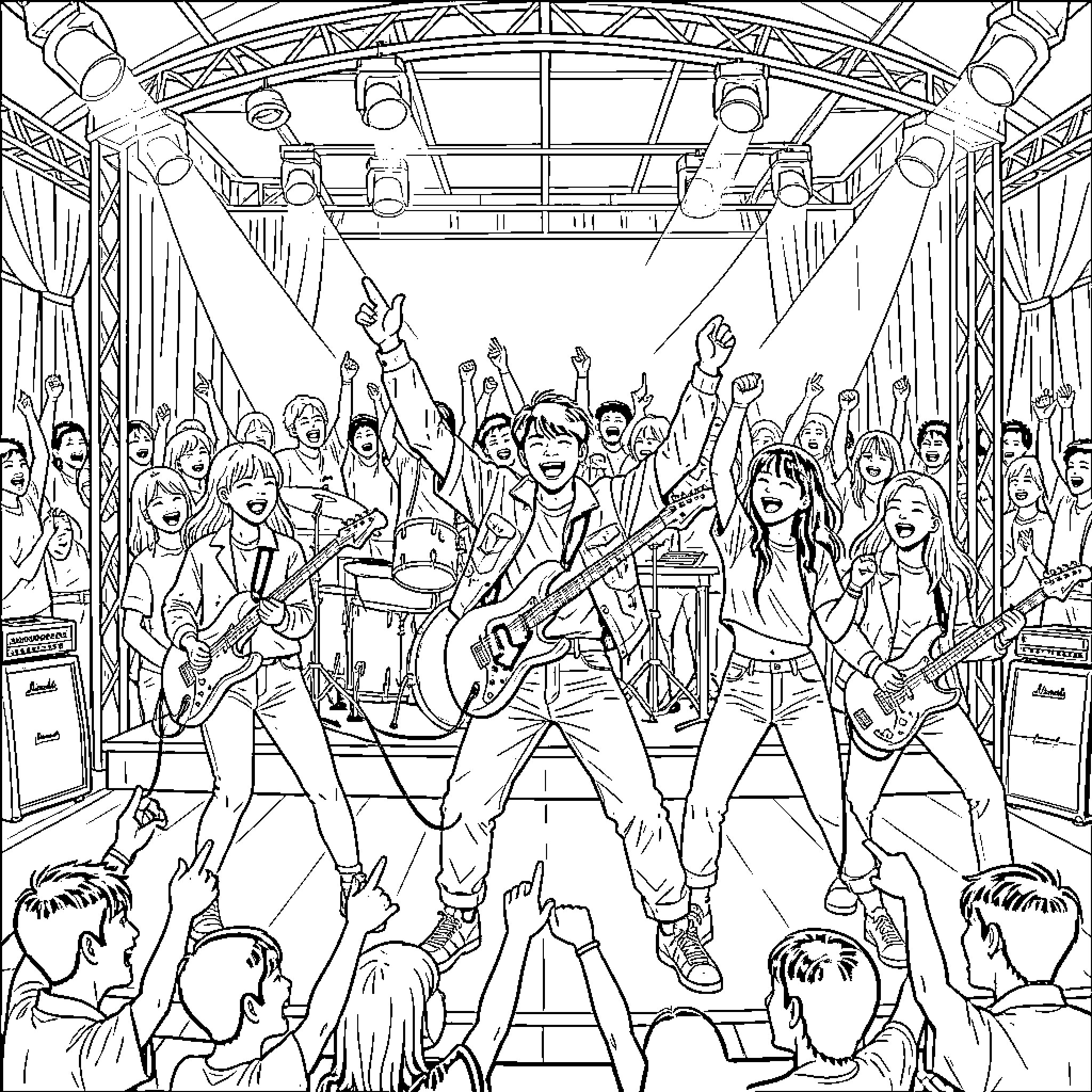 K Pop band performing energetically on a concert stage Coloring Page (free black-and-white line drawing printable PDF for all, from beginners to advanced learners, including children, teens, adults, and seniors)