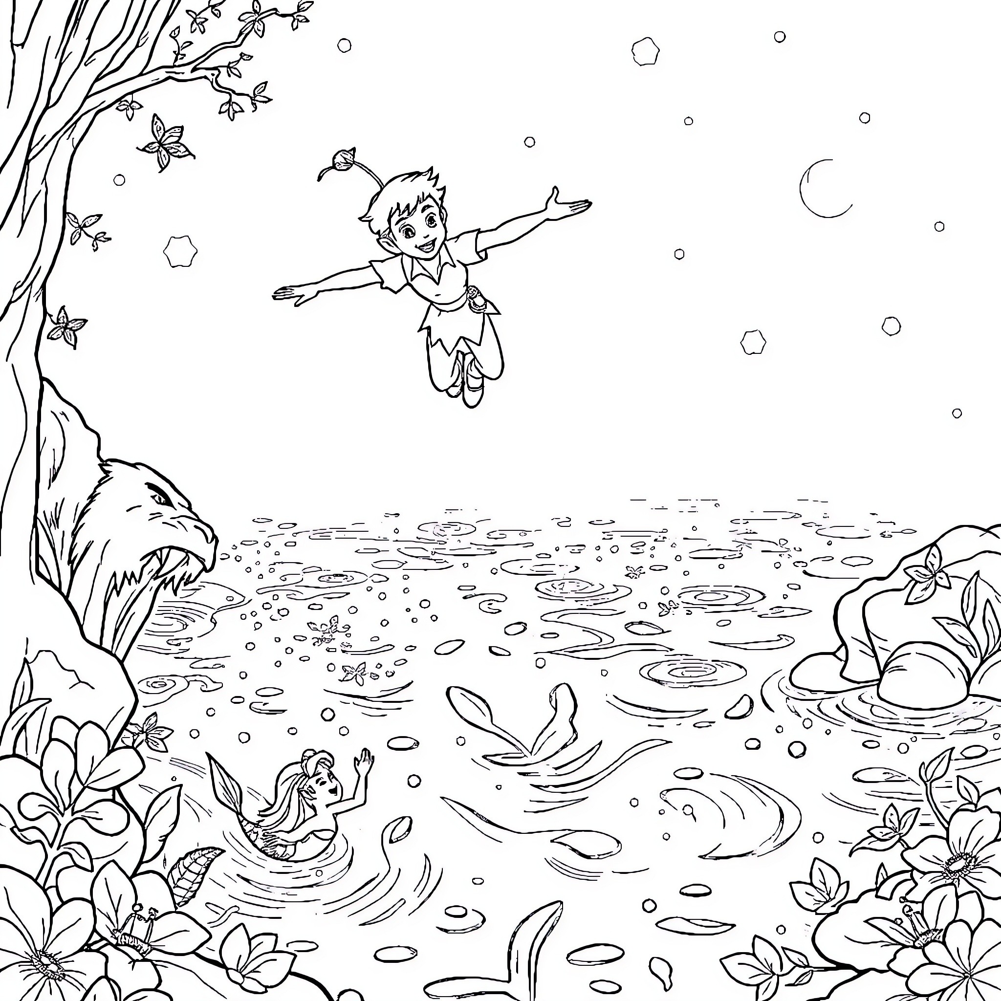 Peter Pan flying through a magical forest Coloring Page (free black-and-white line drawing printable PDF for all, from beginners to advanced learners, including children, teens, adults, and seniors)