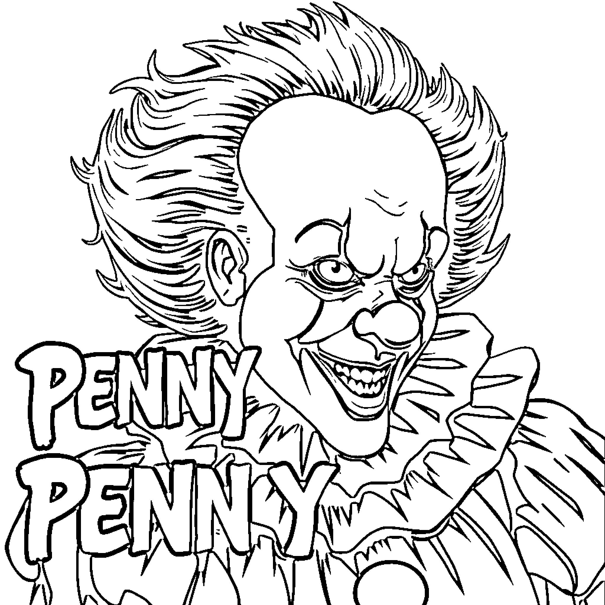 Pennywise the Clown's Eerie Grin and Sinister Persona Coloring Page (free black-and-white line drawing printable PDF for all, from beginners to advanced learners, including children, teens, adults, and seniors)