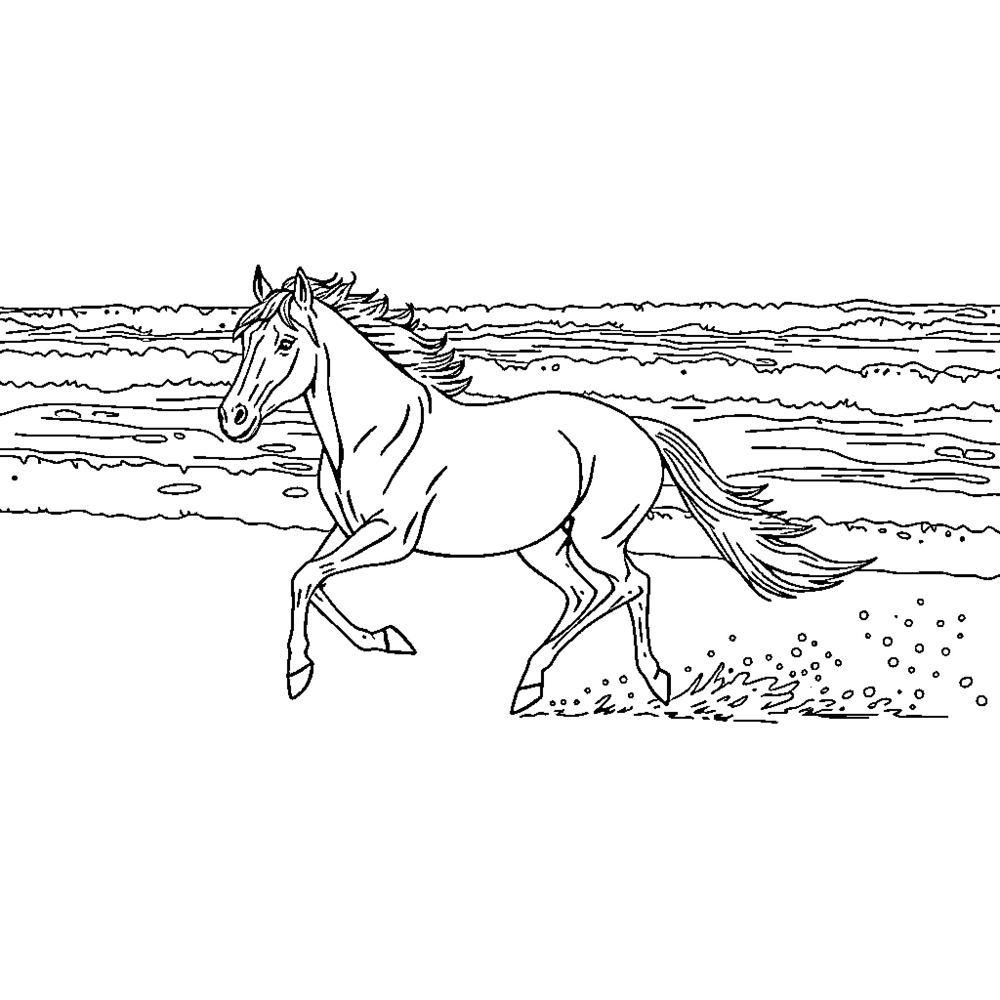 Horse running freely on the beach Coloring Page (free black-and-white line drawing printable PDF for all, from beginners to advanced learners, including children, teens, adults, and seniors)