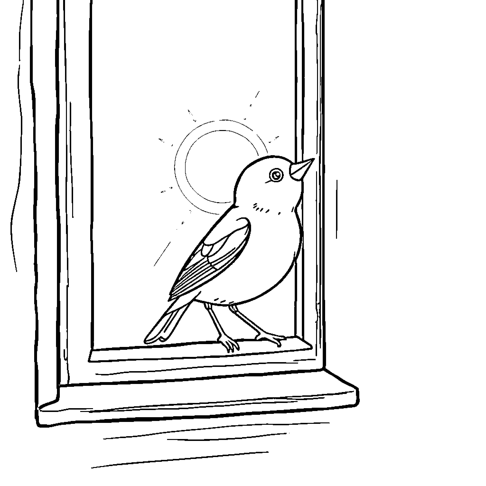 Bird perched on window sill gazing outside Coloring Page (free black-and-white line drawing printable PDF for all, from beginners to advanced learners, including children, teens, adults, and seniors)