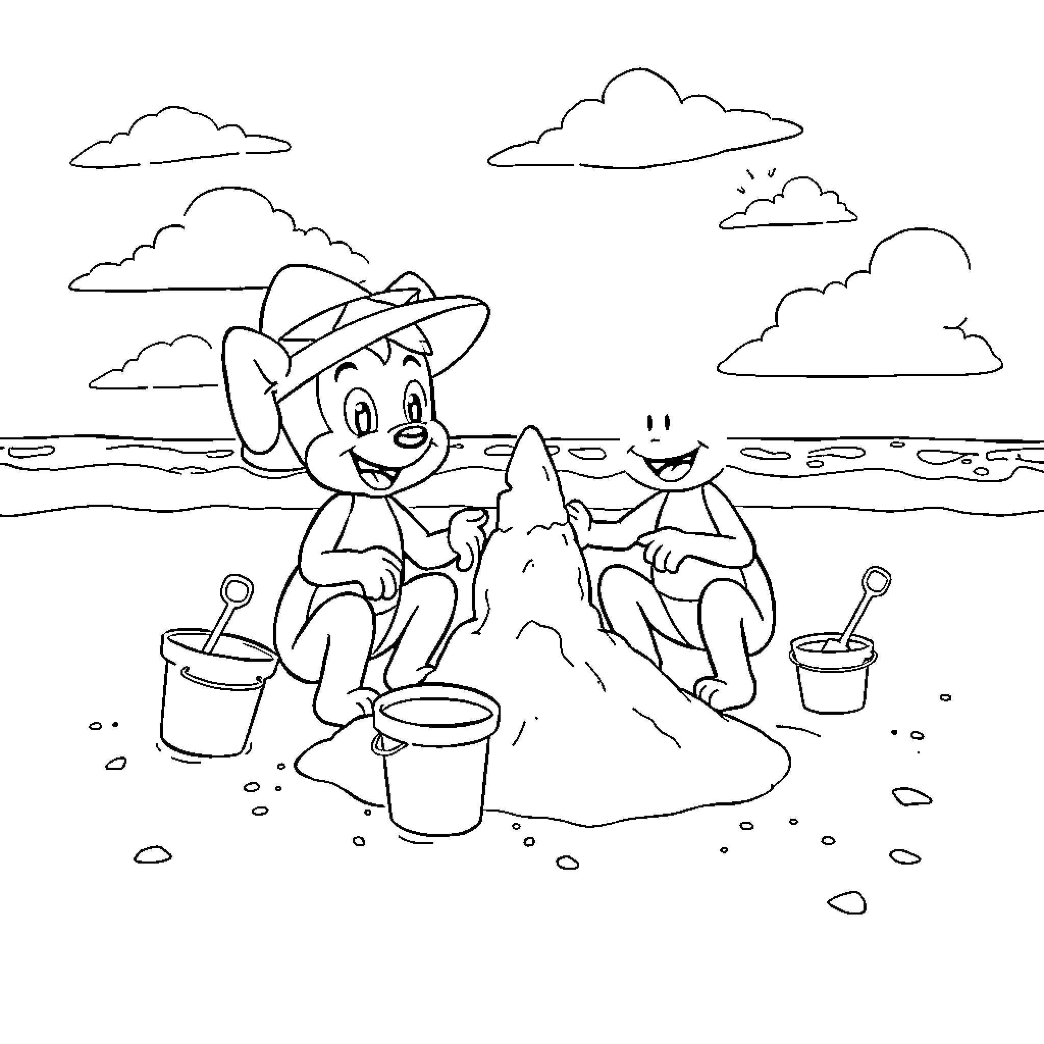 Bluey and friend play in the sand at the beach Coloring Page (free black-and-white line drawing printable PDF for all, from beginners to advanced learners, including children, teens, adults, and seniors)