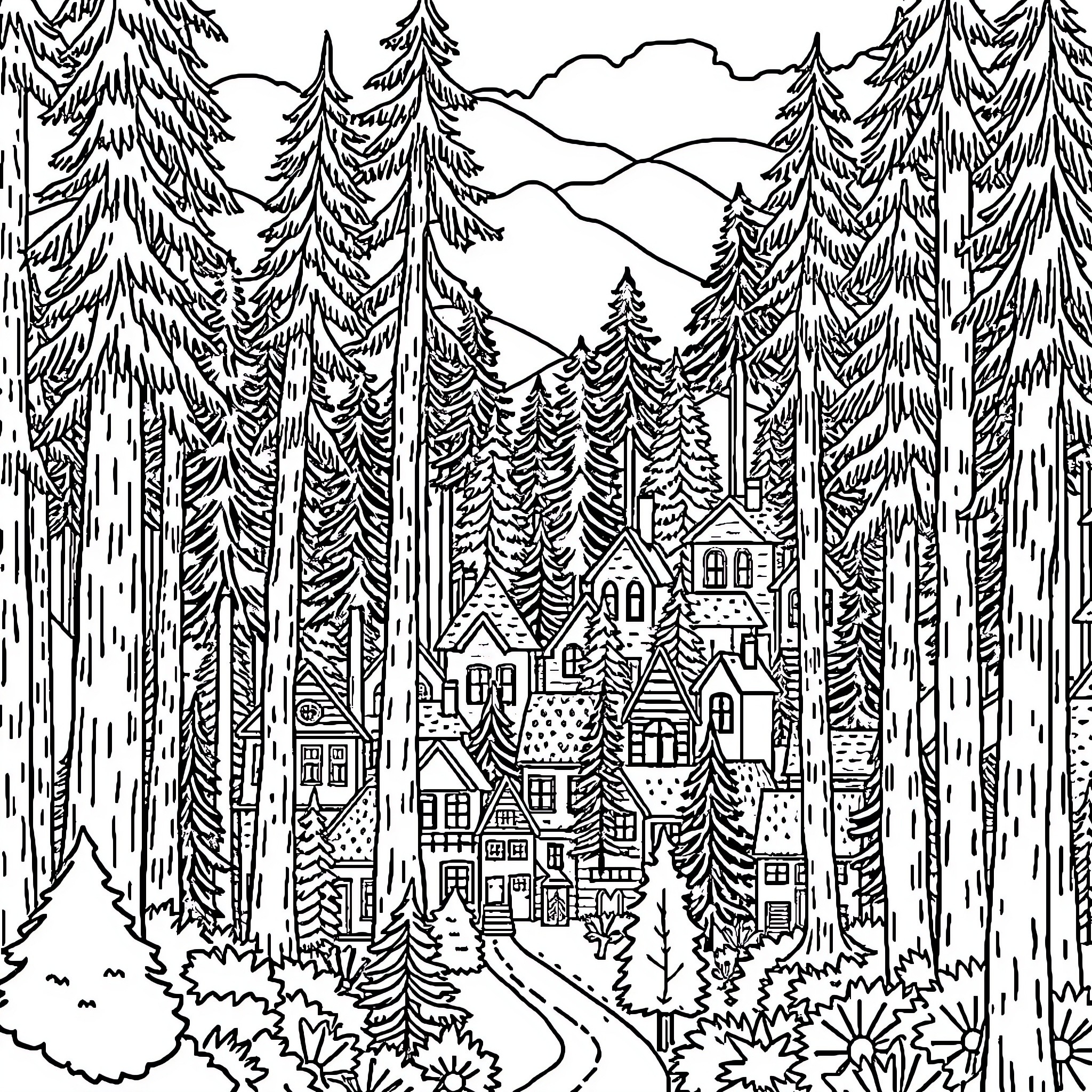 House in Snowy Forest with Mountains Coloring Page (free black-and-white line drawing printable PDF for all, from beginners to advanced learners, including children, teens, adults, and seniors)