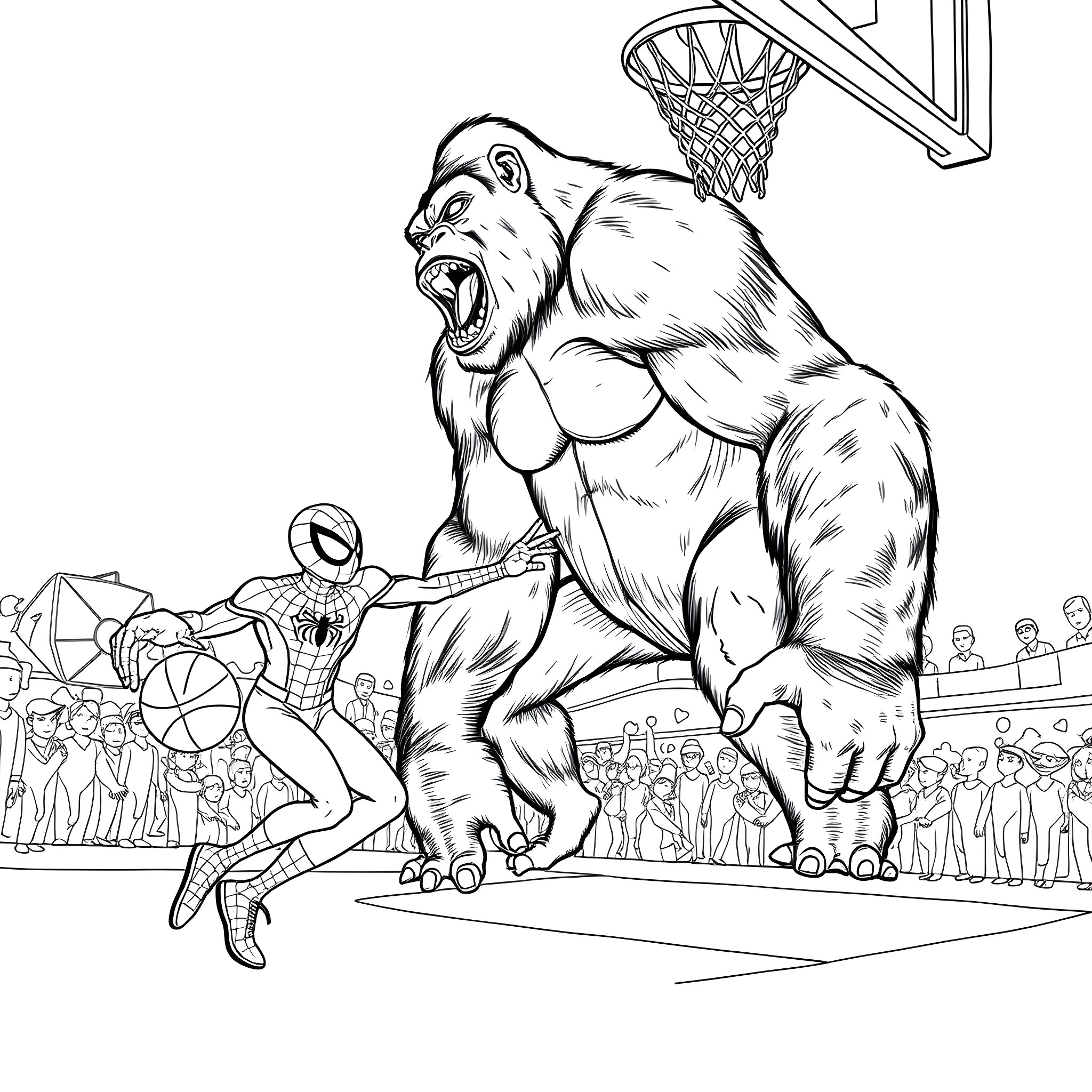 Spiderman Confronts Ferocious Basketball-Playing Monster Coloring Page (free black-and-white line drawing printable PDF for all, from beginners to advanced learners, including children, teens, adults, and seniors)