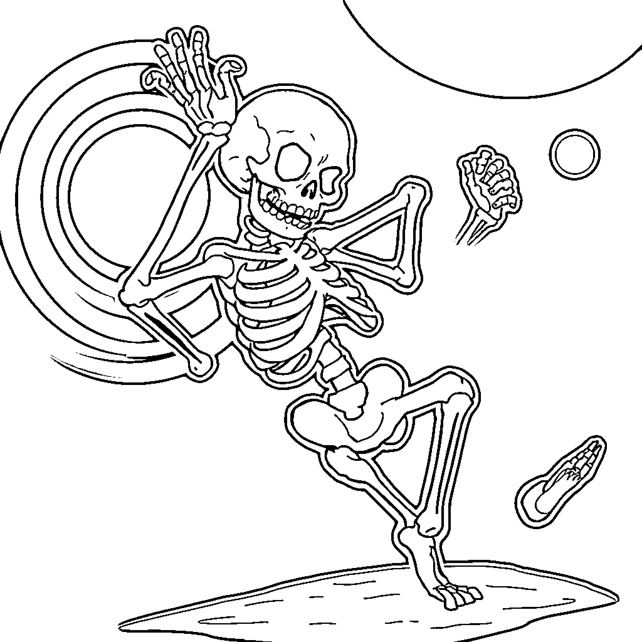 Skeleton dancing playfully with maracas Coloring Page (free black-and-white line drawing printable PDF for all, from beginners to advanced learners, including children, teens, adults, and seniors)