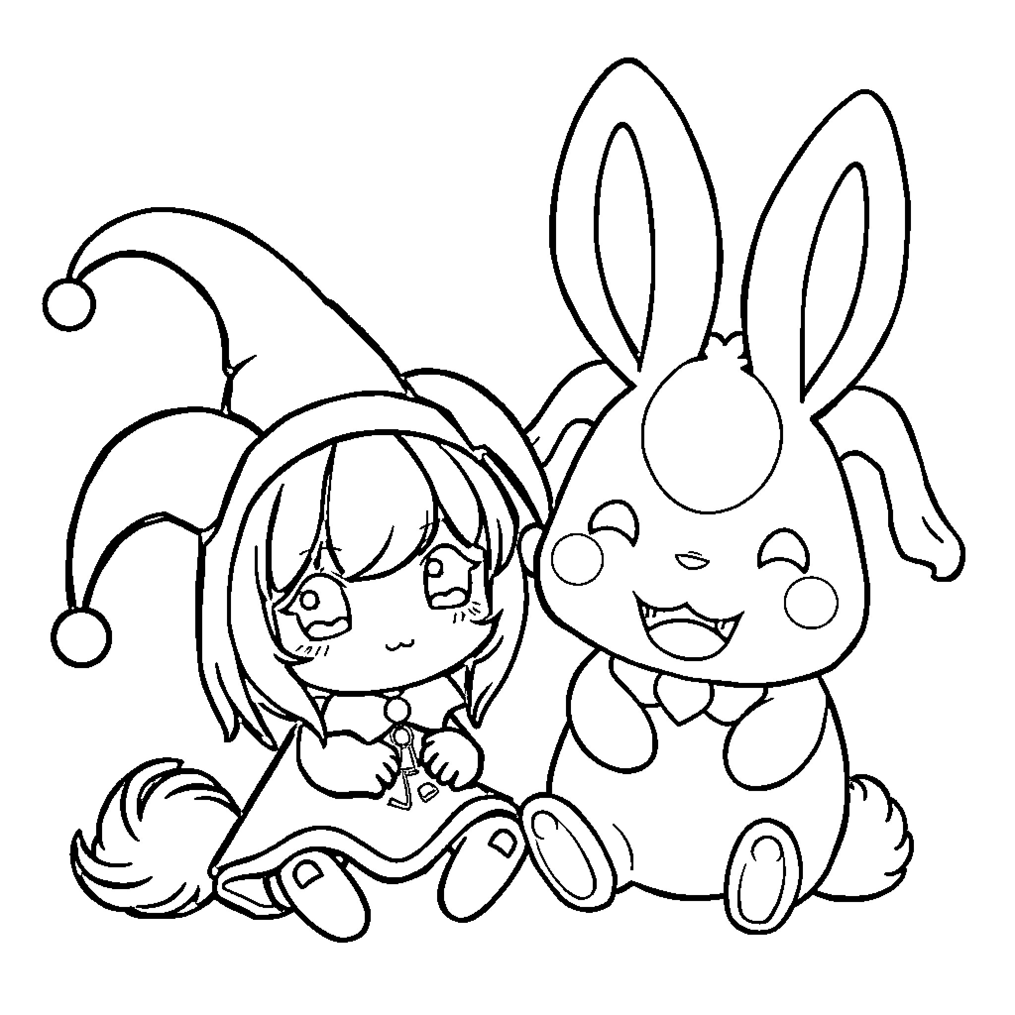 Kuromi and Adorable Bunny Companion Coloring Page (free black-and-white line drawing printable PDF for all, from beginners to advanced learners, including children, teens, adults, and seniors)