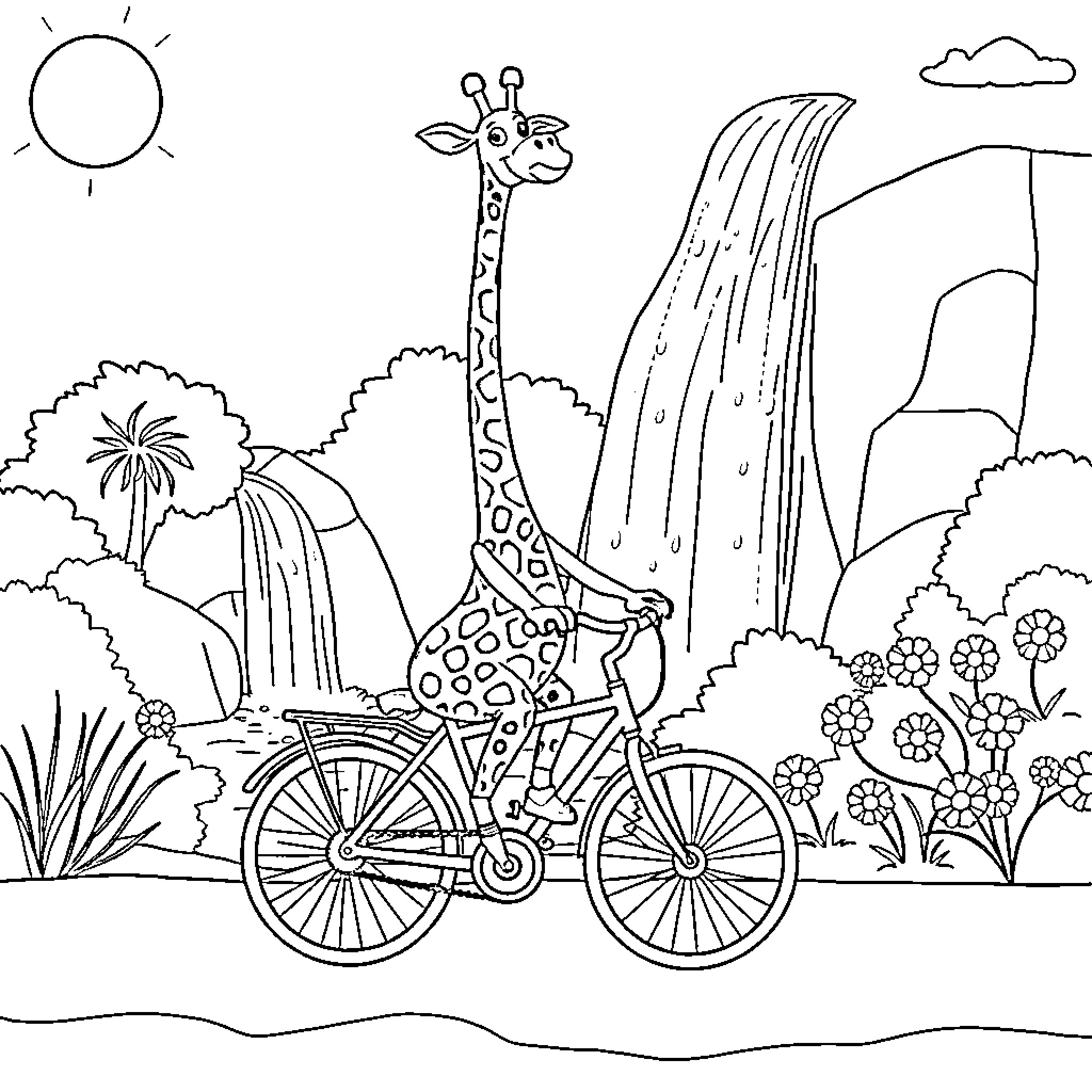 Giraffe riding a bicycle through a scenic landscape Coloring Page (free black-and-white line drawing printable PDF for all, from beginners to advanced learners, including children, teens, adults, and seniors)