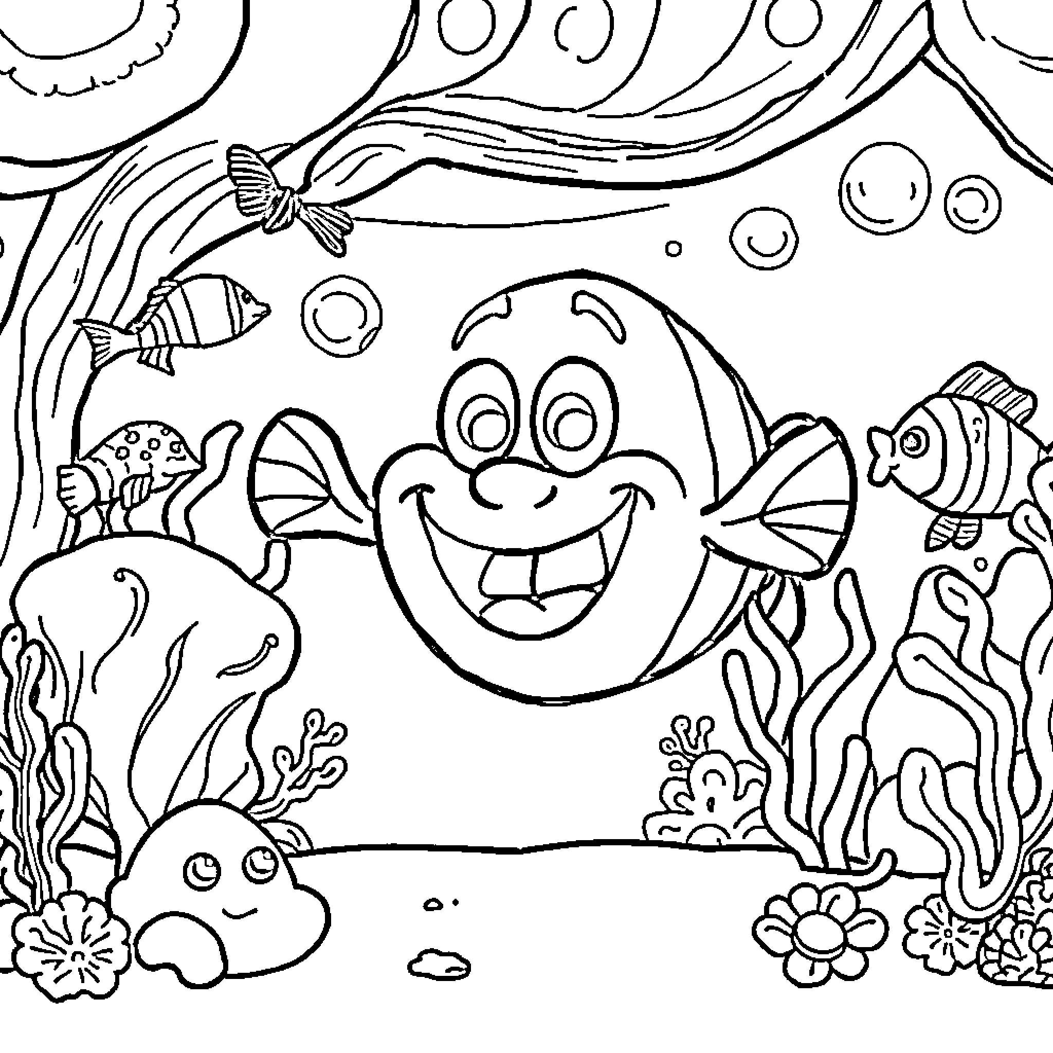 Spongebob and friends in a whimsical underwater scene Coloring Page (free black-and-white line drawing printable PDF for all, from beginners to advanced learners, including children, teens, adults, and seniors)