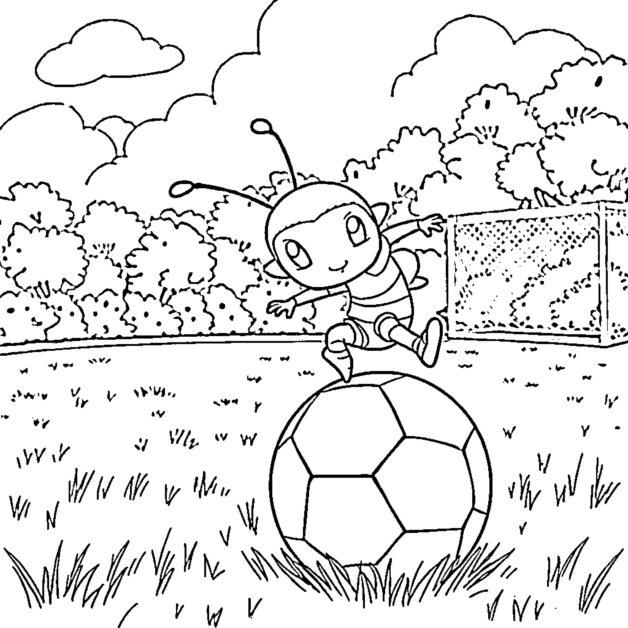 Bumblebee playing happily with a soccer ball in the park Coloring Page (free black-and-white line drawing printable PDF for all, from beginners to advanced learners, including children, teens, adults, and seniors)