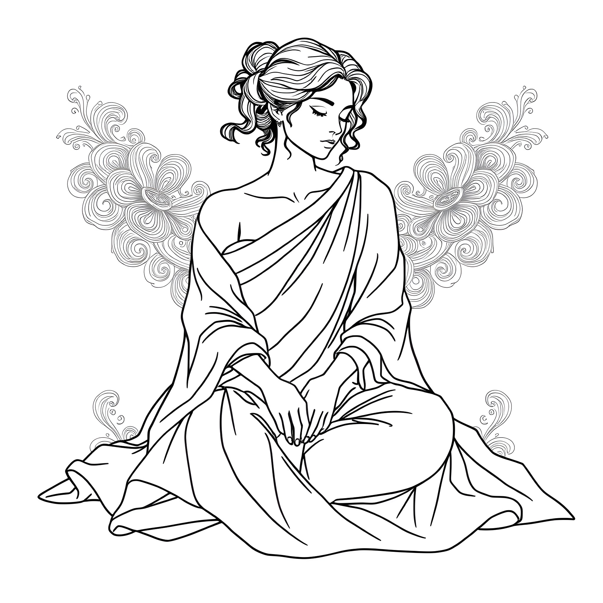 Woman in Flowing Dress with Ornate Background Coloring Page (free black-and-white line drawing printable PDF for all, from beginners to advanced learners, including children, teens, adults, and seniors)