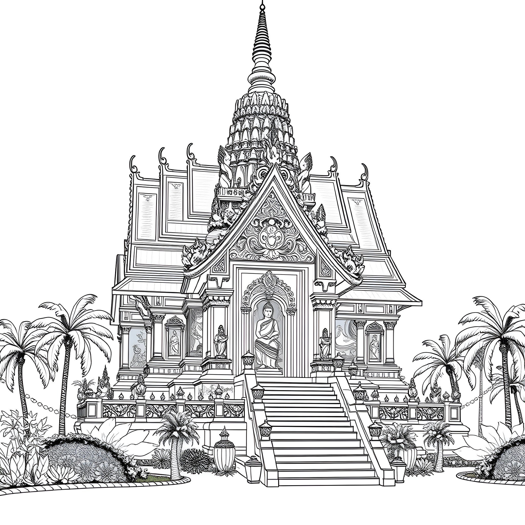 Temple with Ornate Architecture and Ornamental Details Coloring Page (free black-and-white line drawing printable PDF for all, from beginners to advanced learners, including children, teens, adults, and seniors)