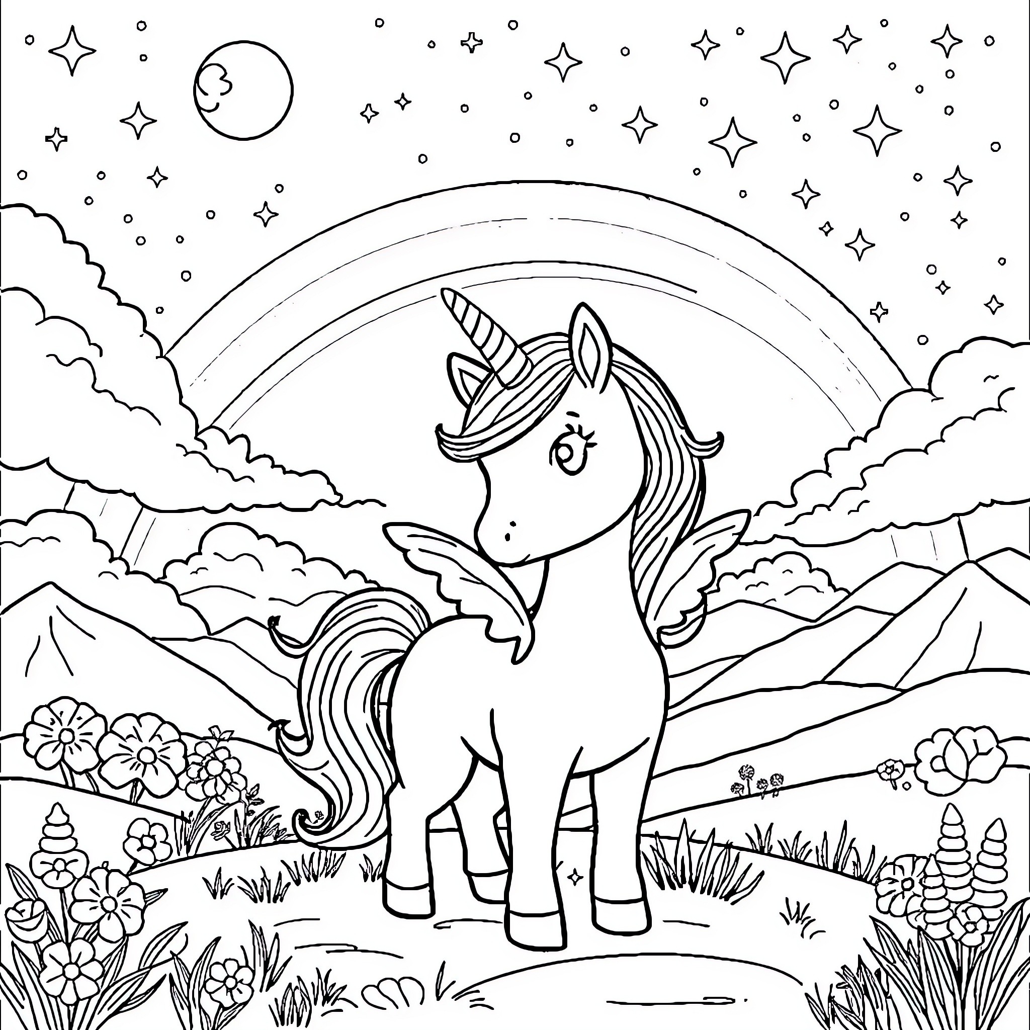 Unicorn standing proudly in enchanting landscape Coloring Page (free black-and-white line drawing printable PDF for all, from beginners to advanced learners, including children, teens, adults, and seniors)
