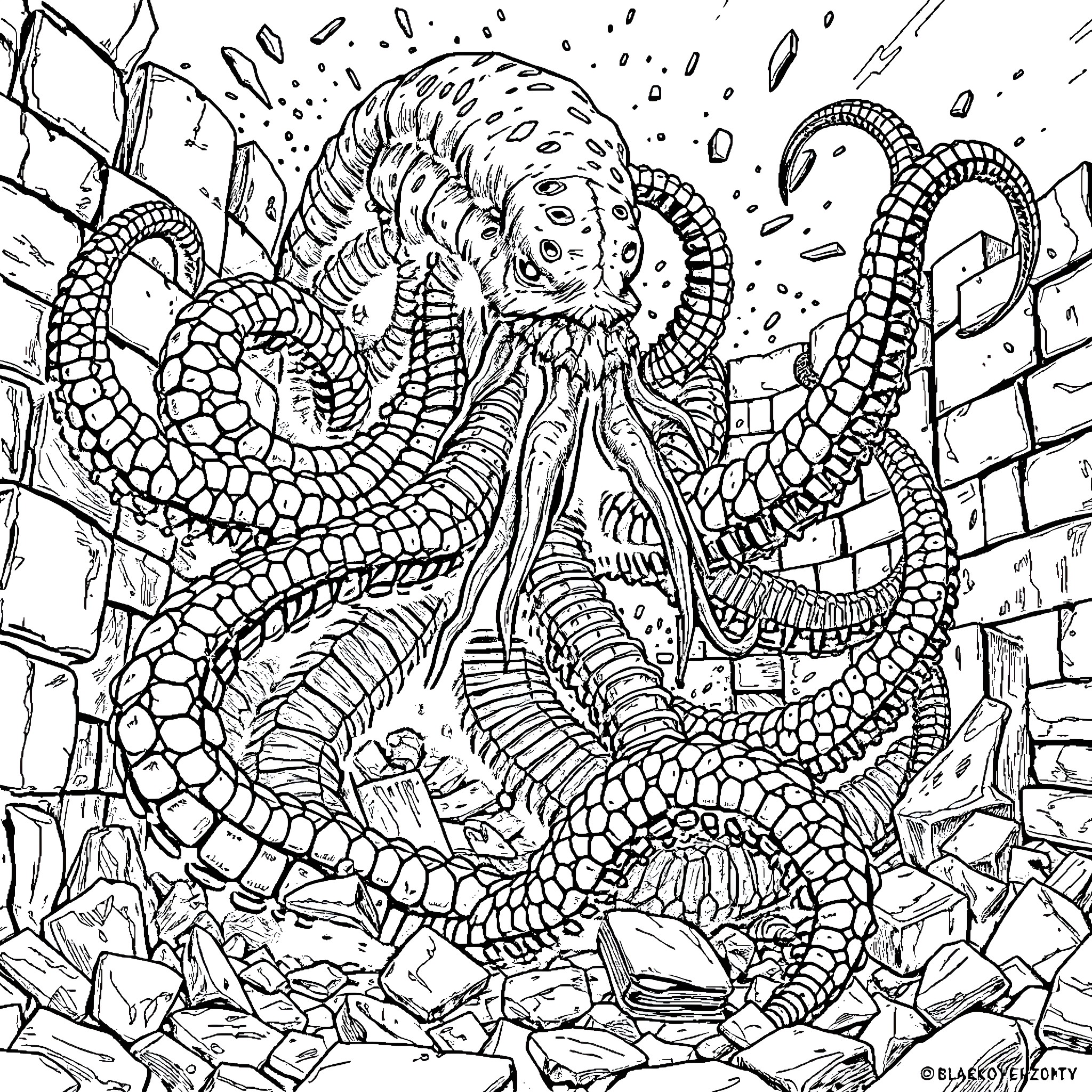 Kraken bursting through the ruins Coloring Page (free black-and-white line drawing printable PDF for all, from beginners to advanced learners, including children, teens, adults, and seniors)