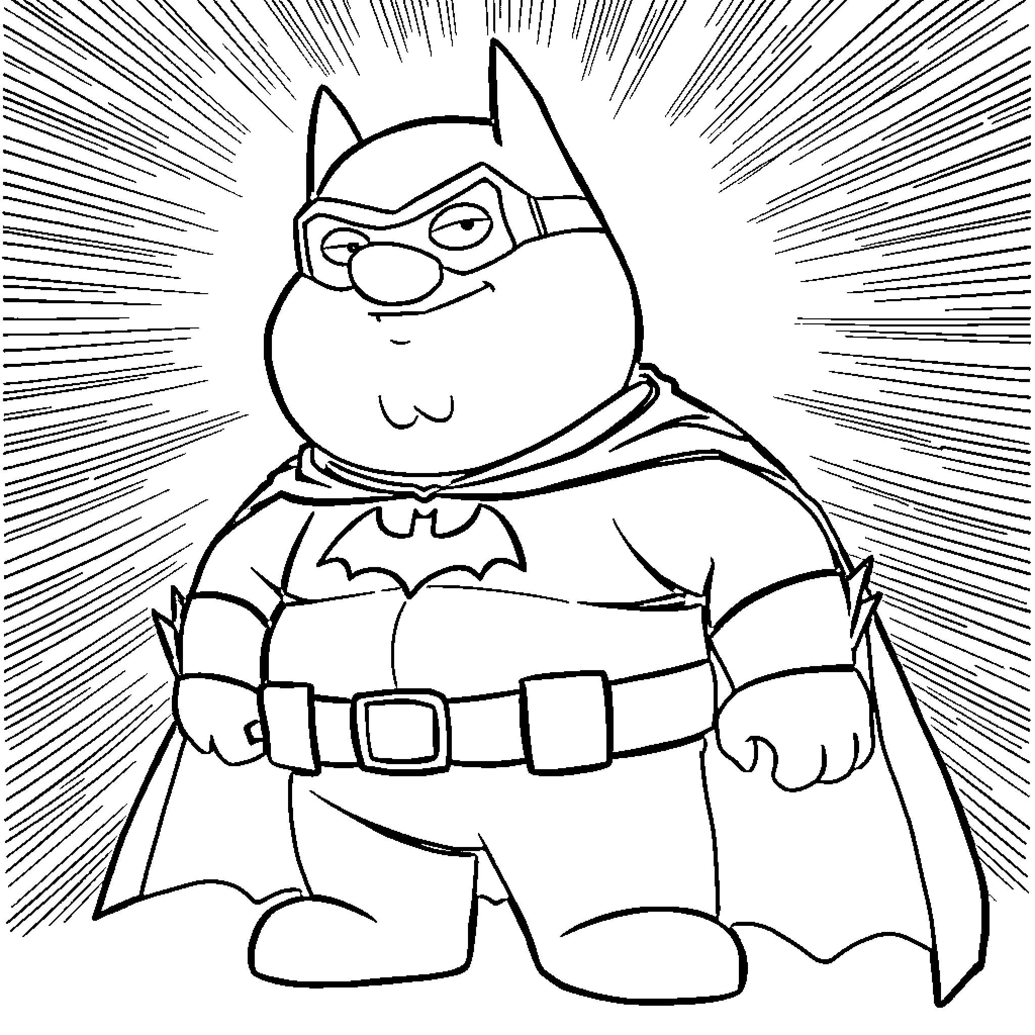 Peter Griffin as the Heroic Caped Crusader Coloring Page (free black-and-white line drawing printable PDF for all, from beginners to advanced learners, including children, teens, adults, and seniors)