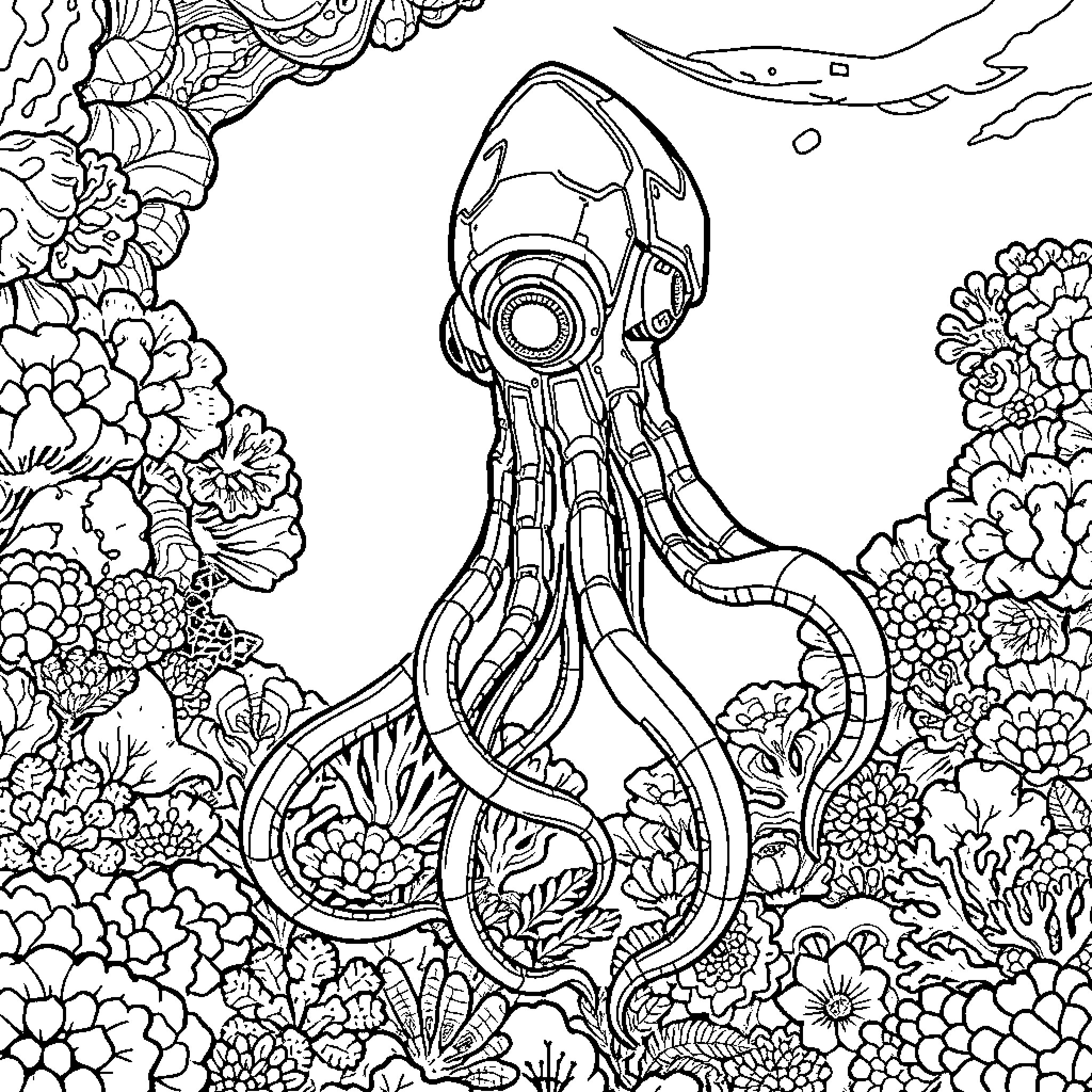 Robot Squid exploring the underwater garden Coloring Page (free black-and-white line drawing printable PDF for all, from beginners to advanced learners, including children, teens, adults, and seniors)