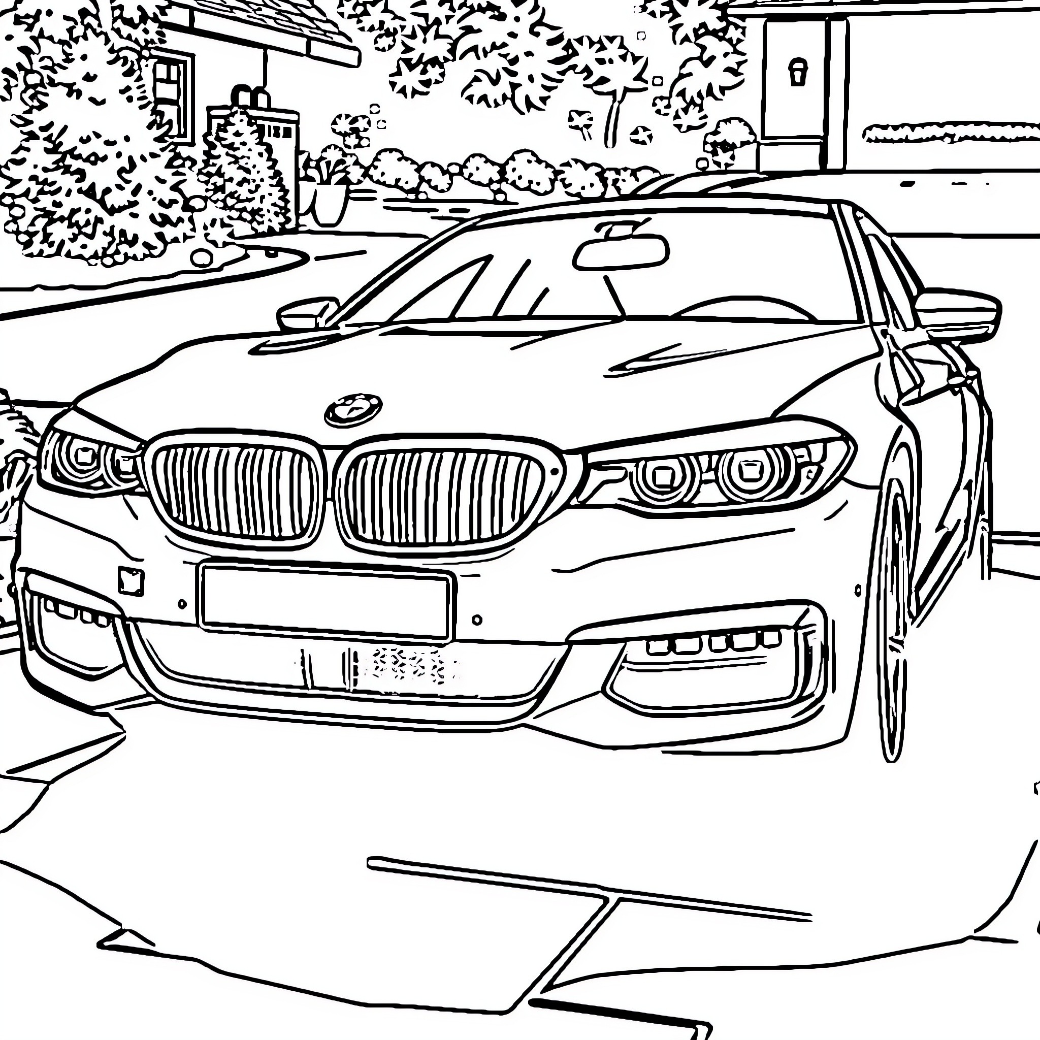 BMW sedan in a stylized urban setting Coloring Page (free black-and-white line drawing printable PDF for all, from beginners to advanced learners, including children, teens, adults, and seniors)