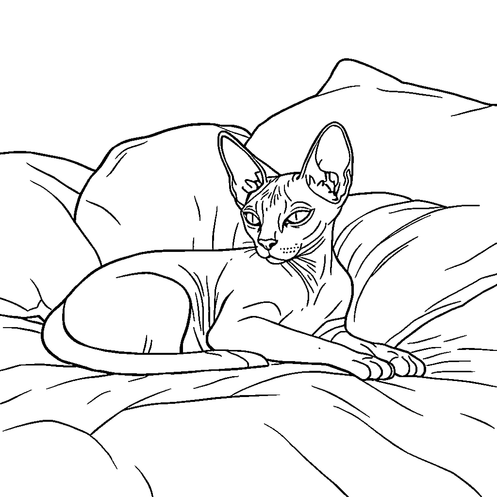 Sphynx Cat relaxing in cozy bedding Coloring Page (free black-and-white line drawing printable PDF for all, from beginners to advanced learners, including children, teens, adults, and seniors)