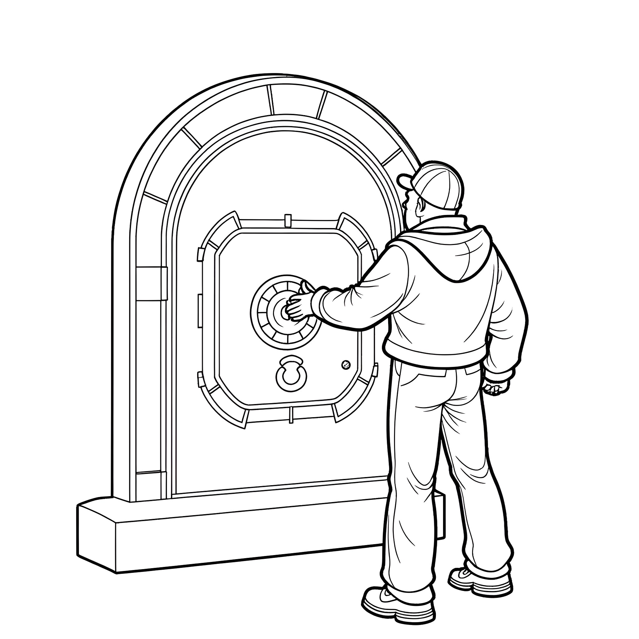 Bank Robber examining high-tech security vault Coloring Page (free black-and-white line drawing printable PDF for all, from beginners to advanced learners, including children, teens, adults, and seniors)