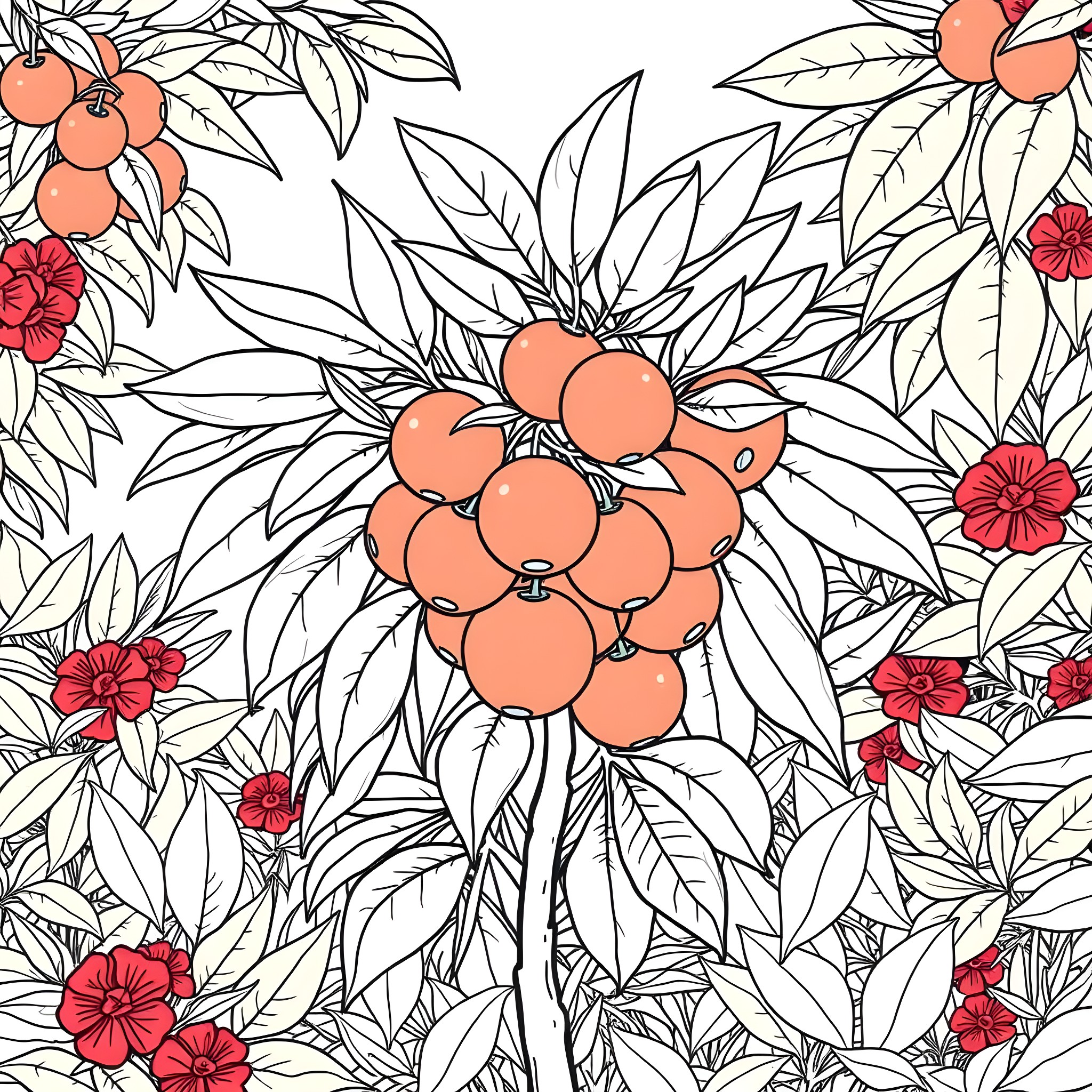 Orange Flowers Blooming Beautifully in Nature Coloring Page (free black-and-white line drawing printable PDF for all, from beginners to advanced learners, including children, teens, adults, and seniors)