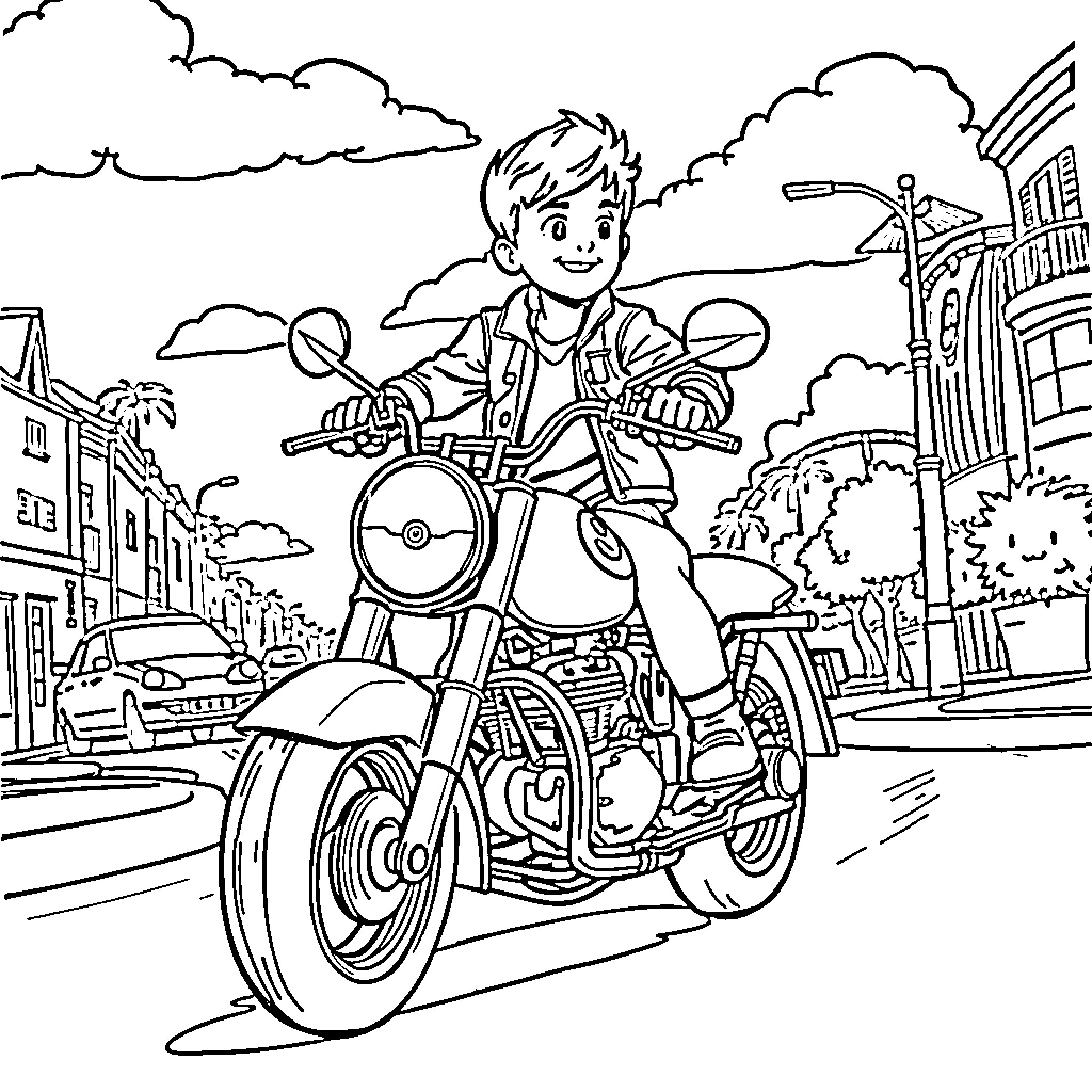 Motorbike rider exploring the city streets Coloring Page (free black-and-white line drawing printable PDF for all, from beginners to advanced learners, including children, teens, adults, and seniors)