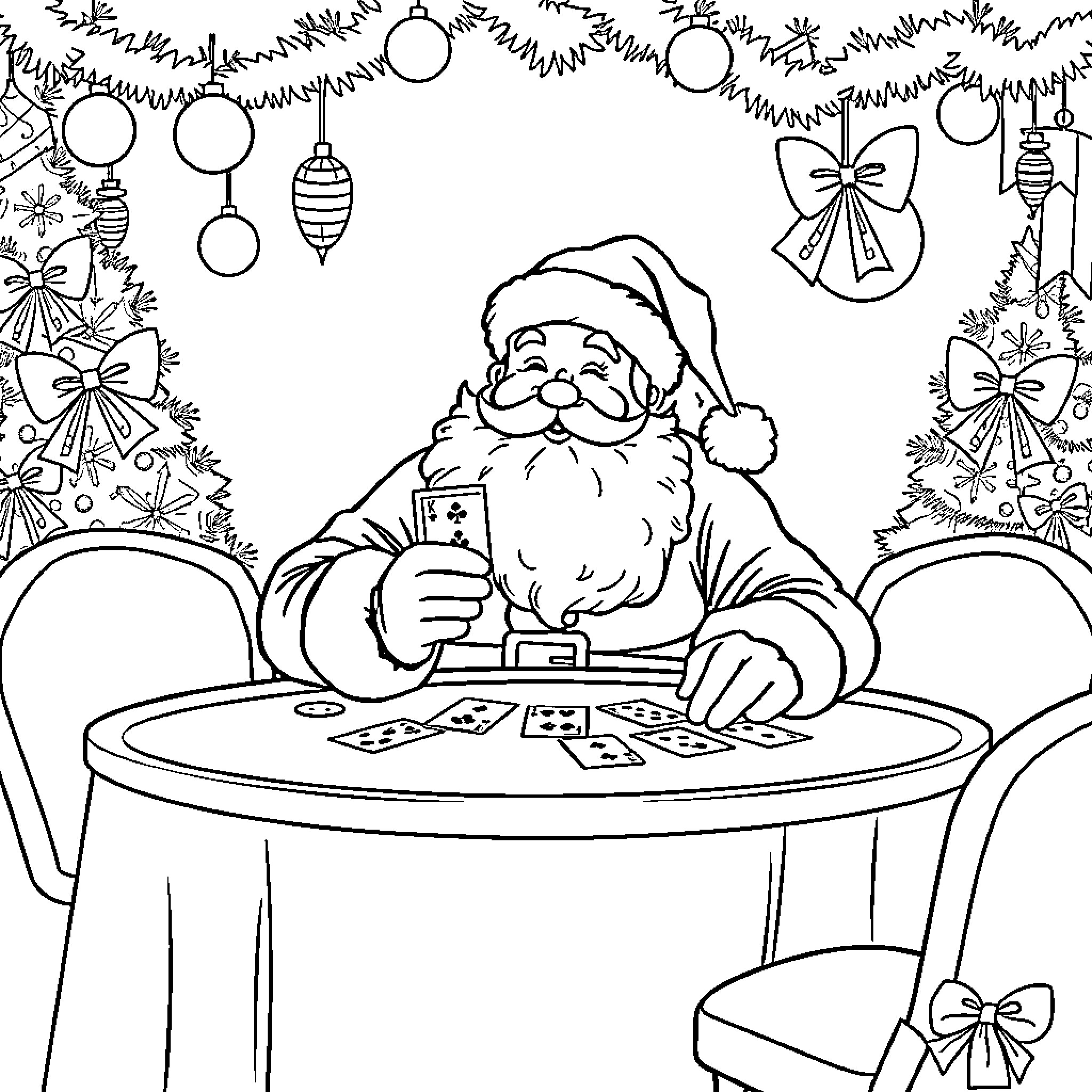 Santa playing cards in festive surroundings Coloring Page (free black-and-white line drawing printable PDF for all, from beginners to advanced learners, including children, teens, adults, and seniors)